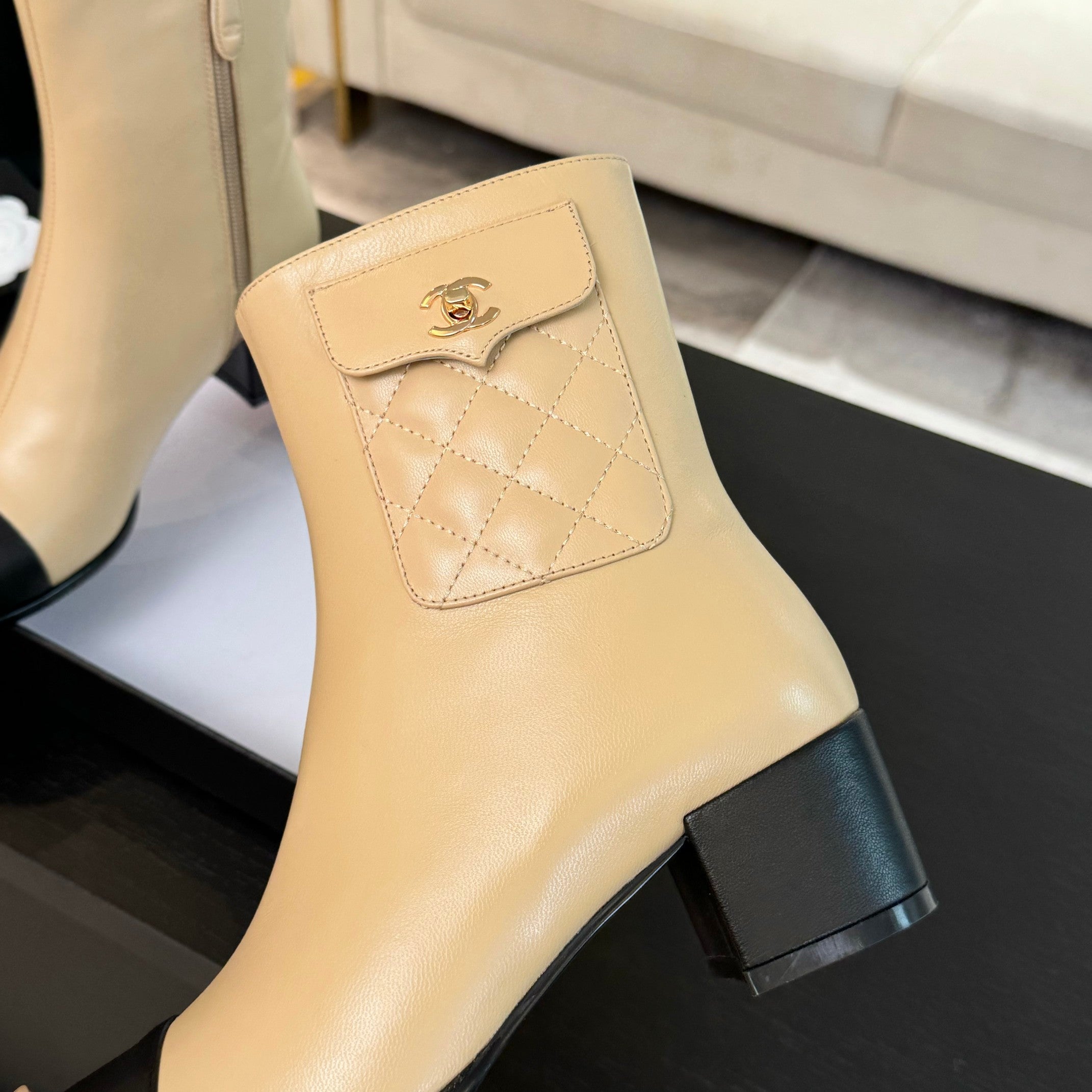 CC Ankle Boots 50mm Beige Black Lambskin