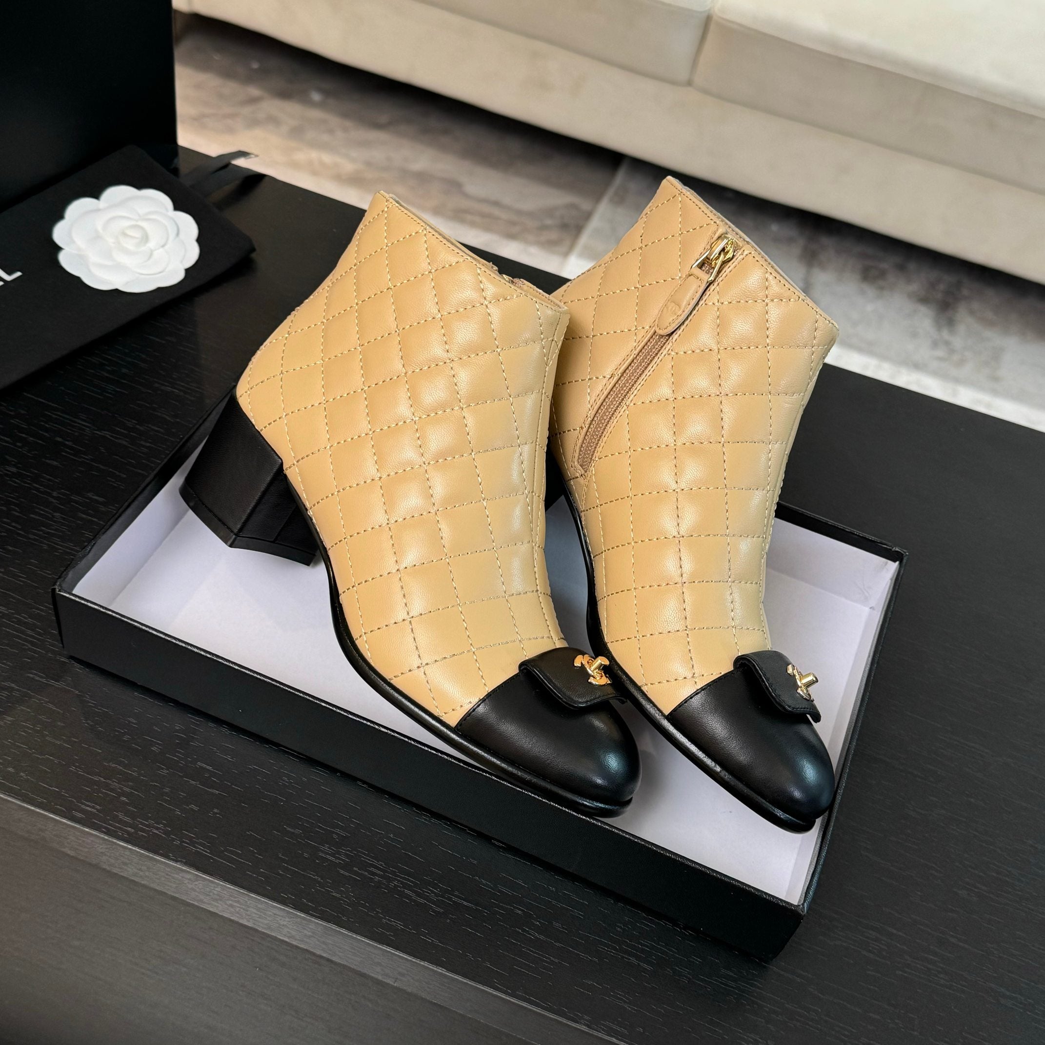 CC Ankle Boots 50mm Beige Black Quilted Lambskin
