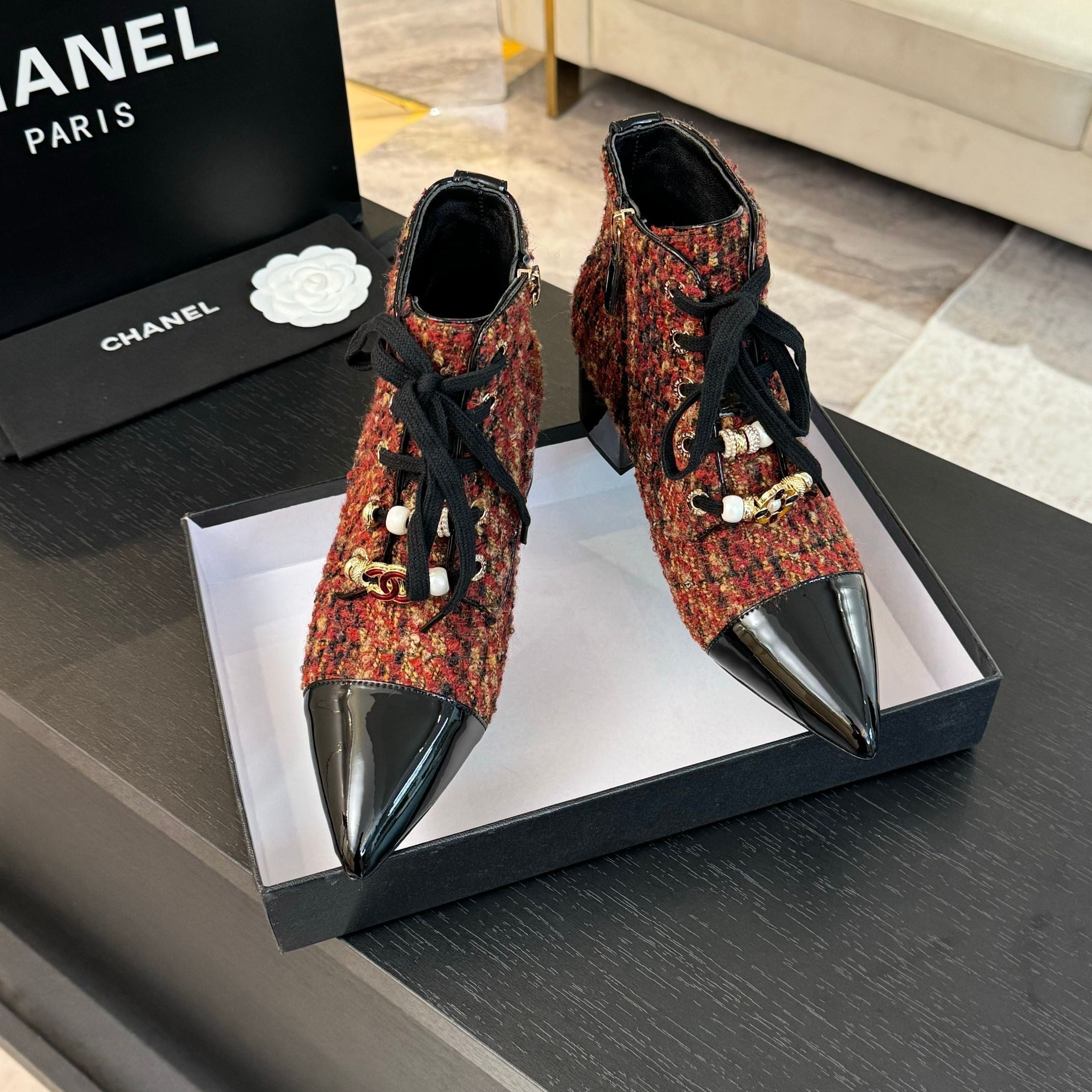 CC Ankle Boots Orange Red Beaded Tweed Fabric And Lambskin