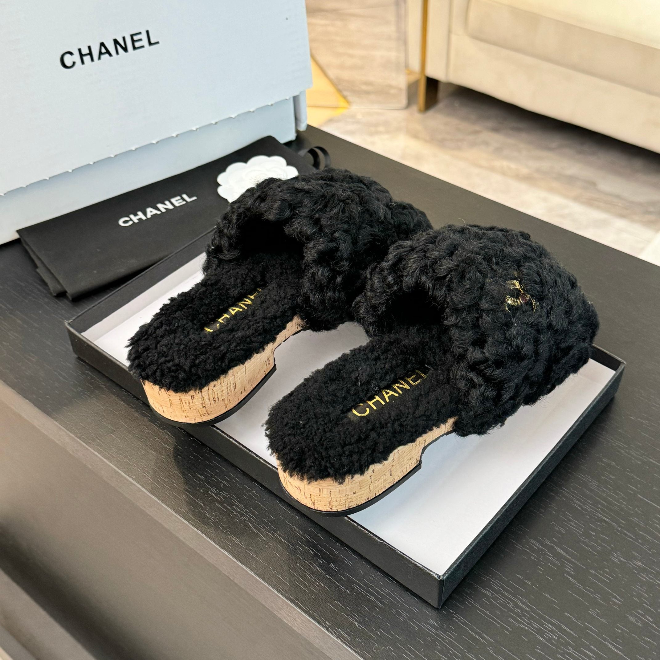 CC Slippers Black Fleece Wool