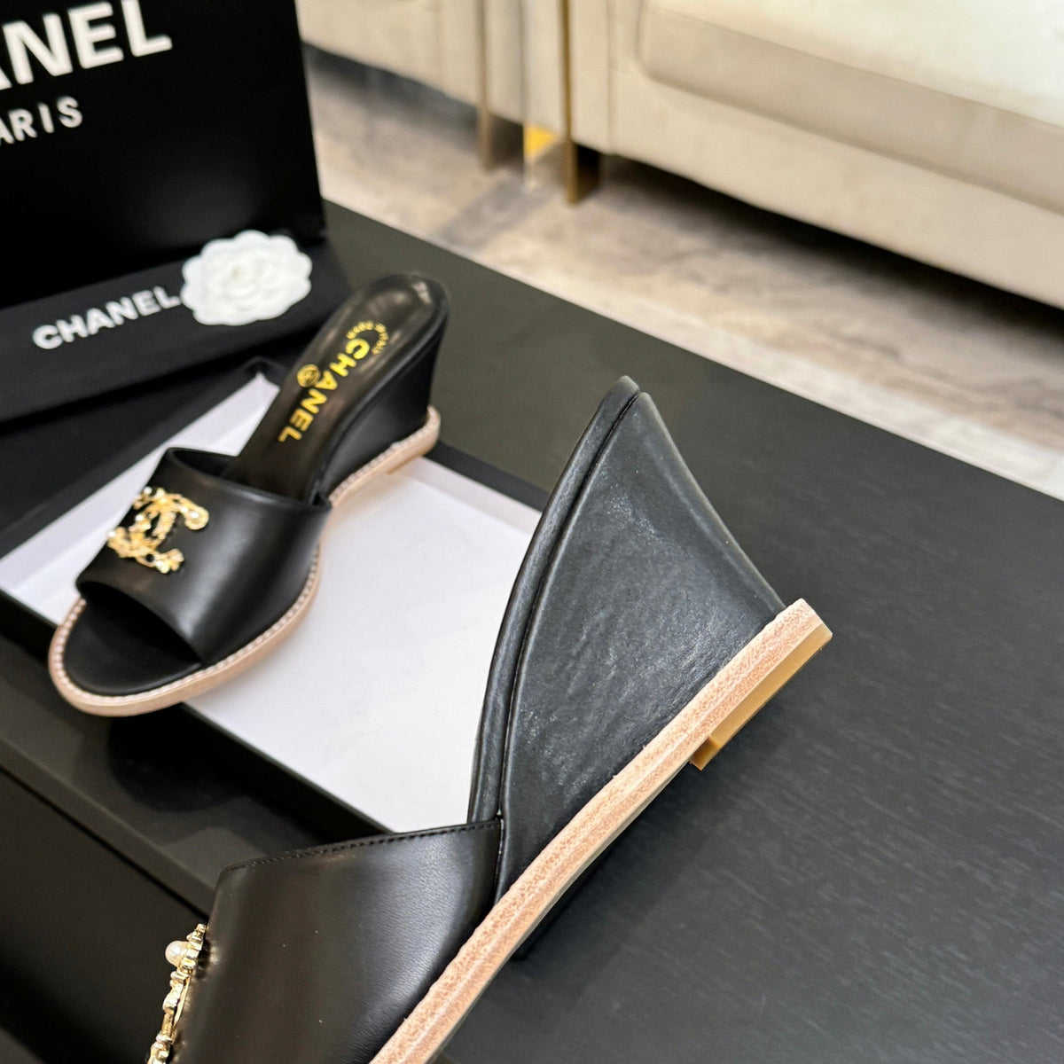 CC 2026 Wedge Sandals 65 Black Lambskin Gold Black Logo 667764