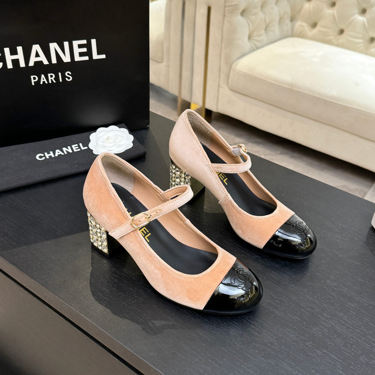 CC 2026 Mary Jane 65 Beige Black Velvet Leather  700646
