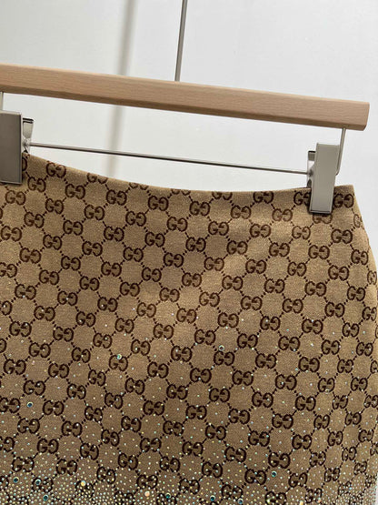GG Beige Monogram Crystal Embellished Mini Skirt