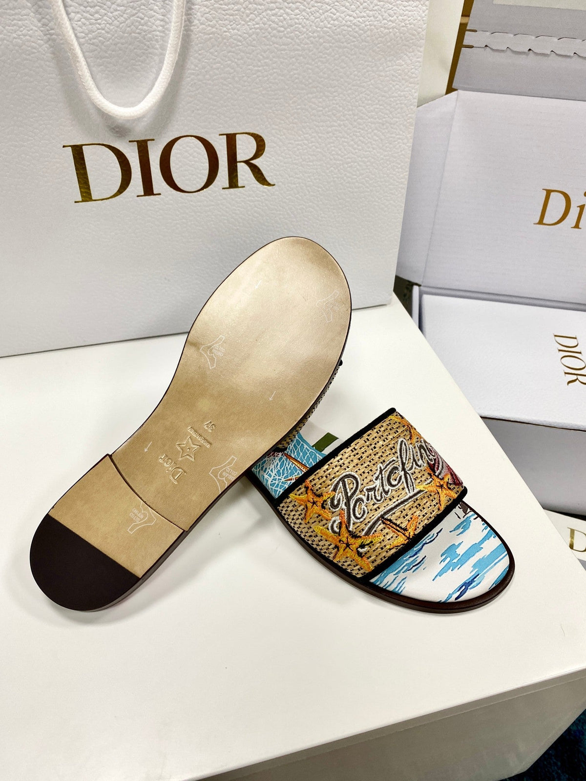 CD 26s Embroidered Sandals Blue Beige Multicolor Canvas Leather 683007