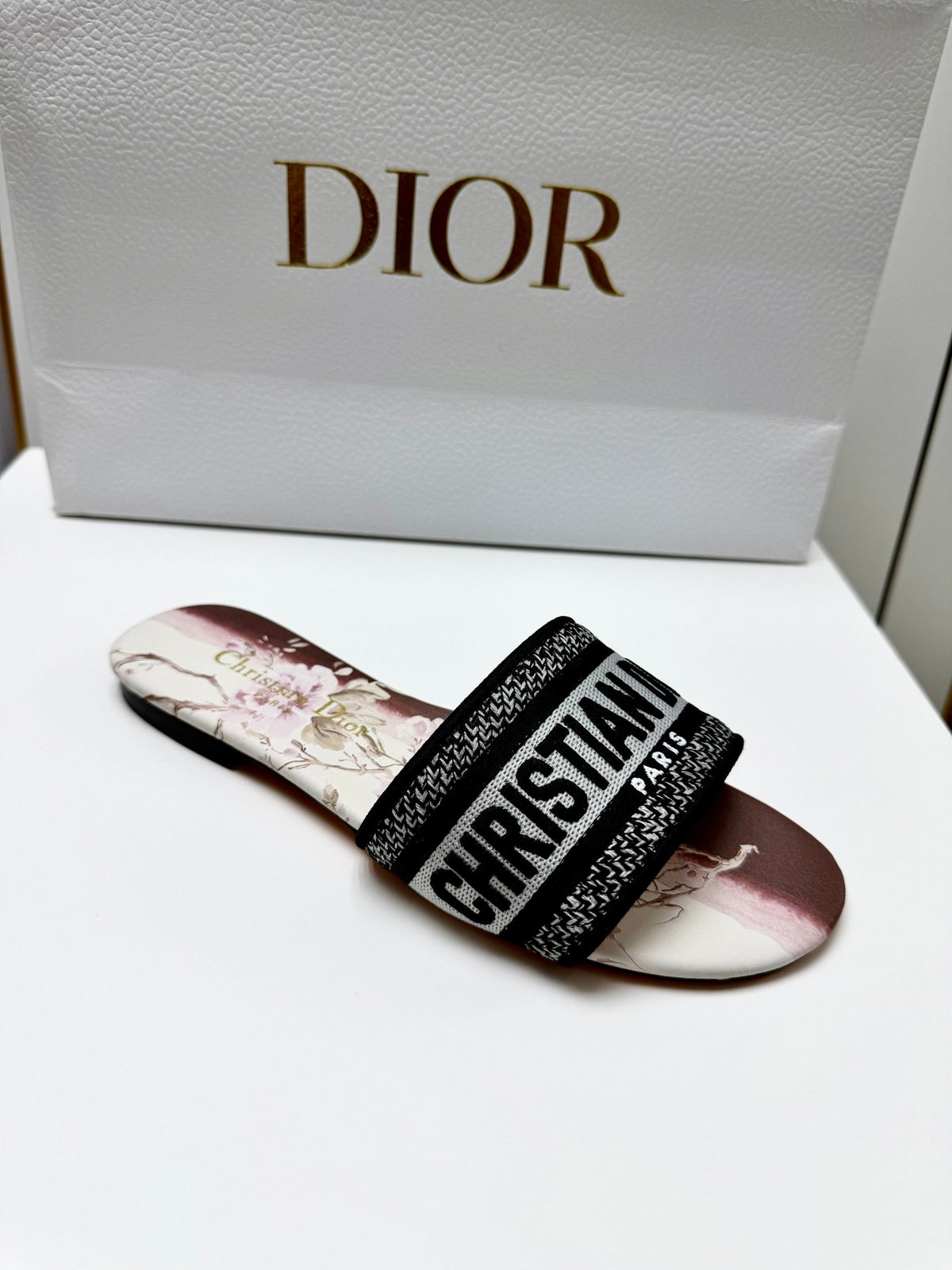 CD 26s Embroidered Sandals Black White Burgundy Canvas Leather 683021