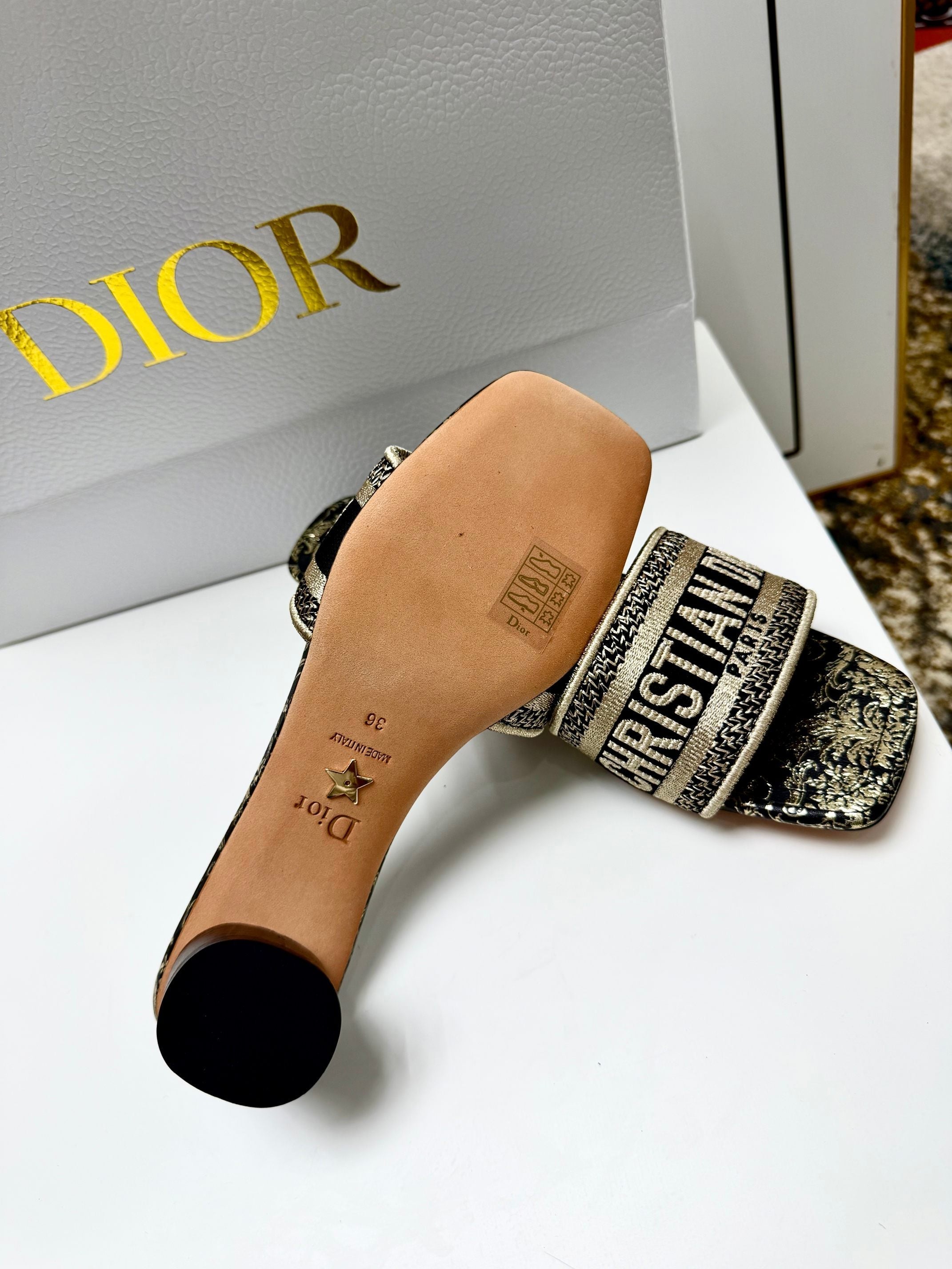 CD 26s Embroidered Sandals White Gold Genuine Leather 683023