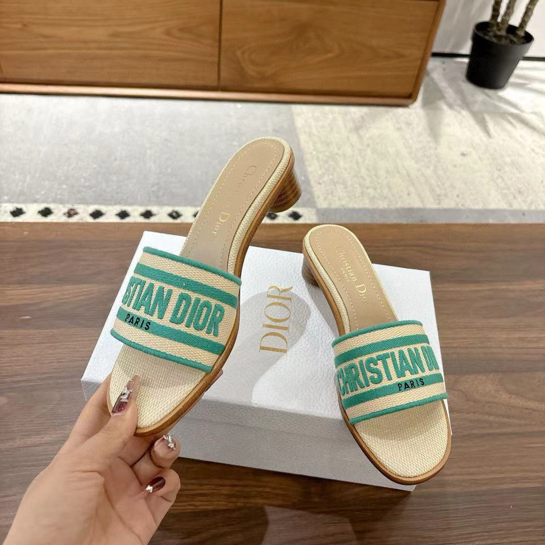 CD 26s Embroidered Sandals Beige Green Canvas Sheepskin 664319