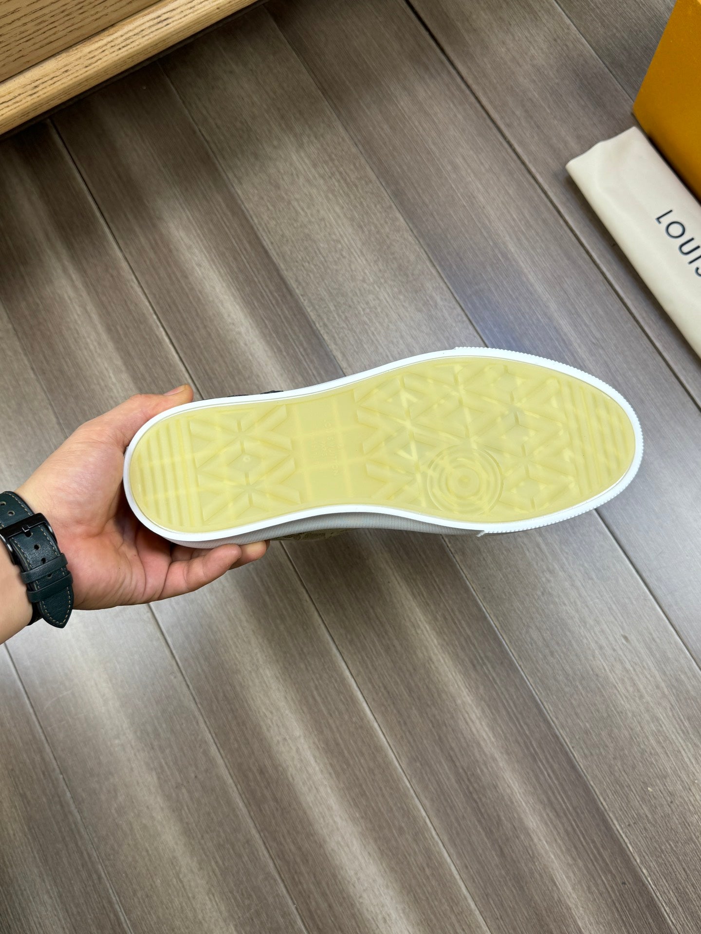LV TRAINER SNEAKER IN OLIVE YELLOW MONOGRAM DENIM