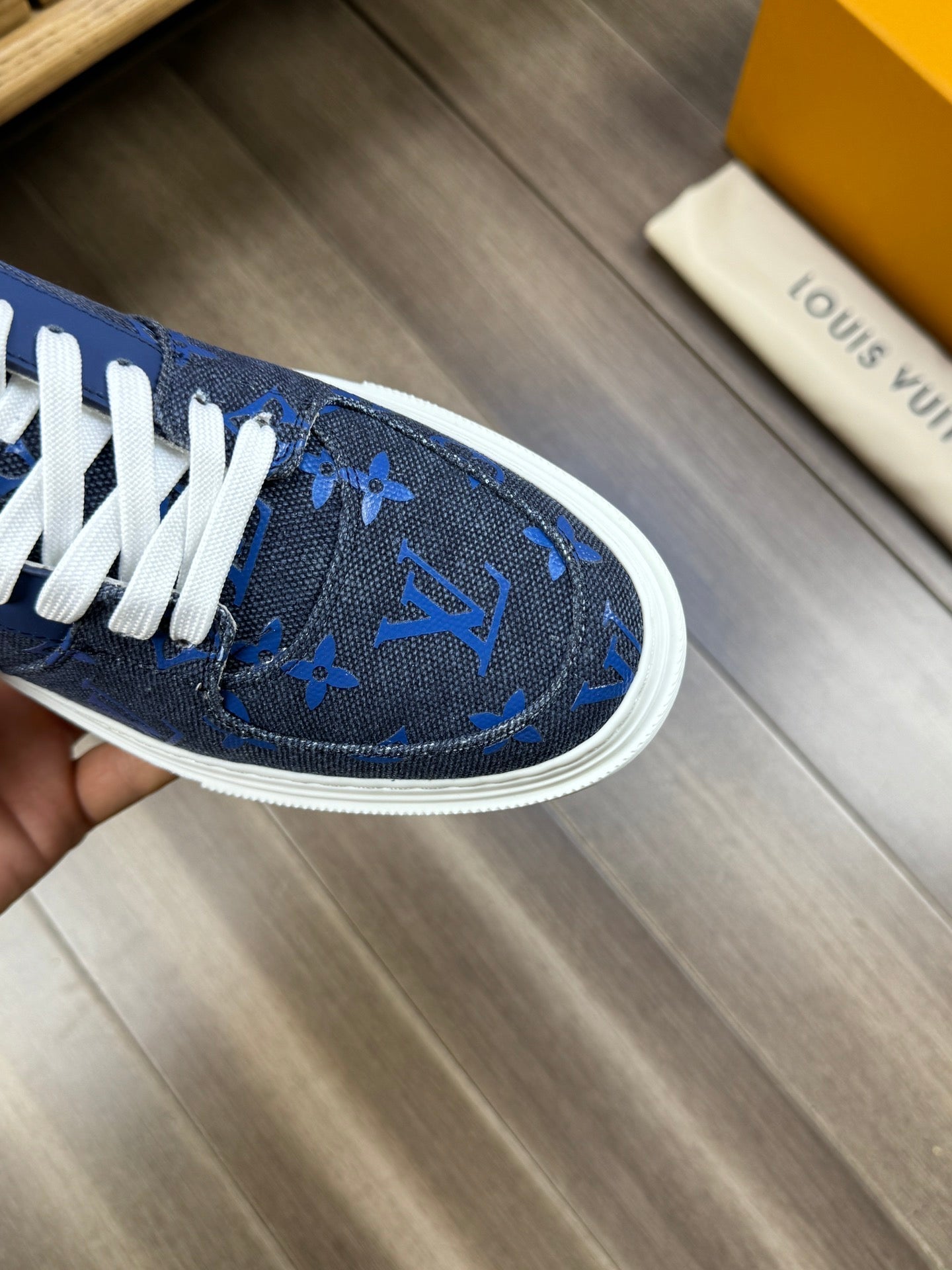 LV TRAINER SNEAKER IN BLACK AND BLUE MONOGRAM DENIM