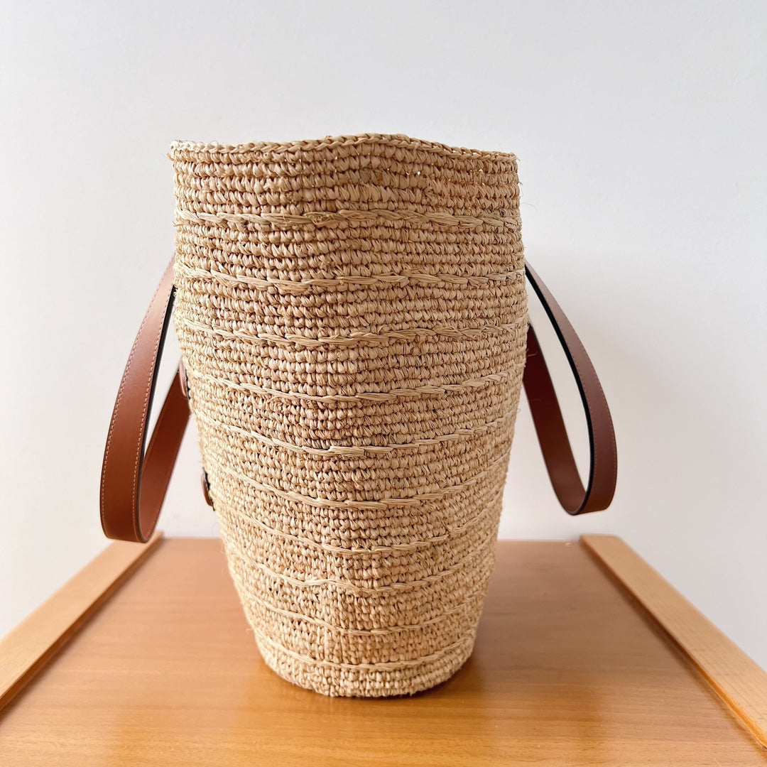 Celine Medium Supple Classic Panier 30cm Brown Calfskin Beige Raffia