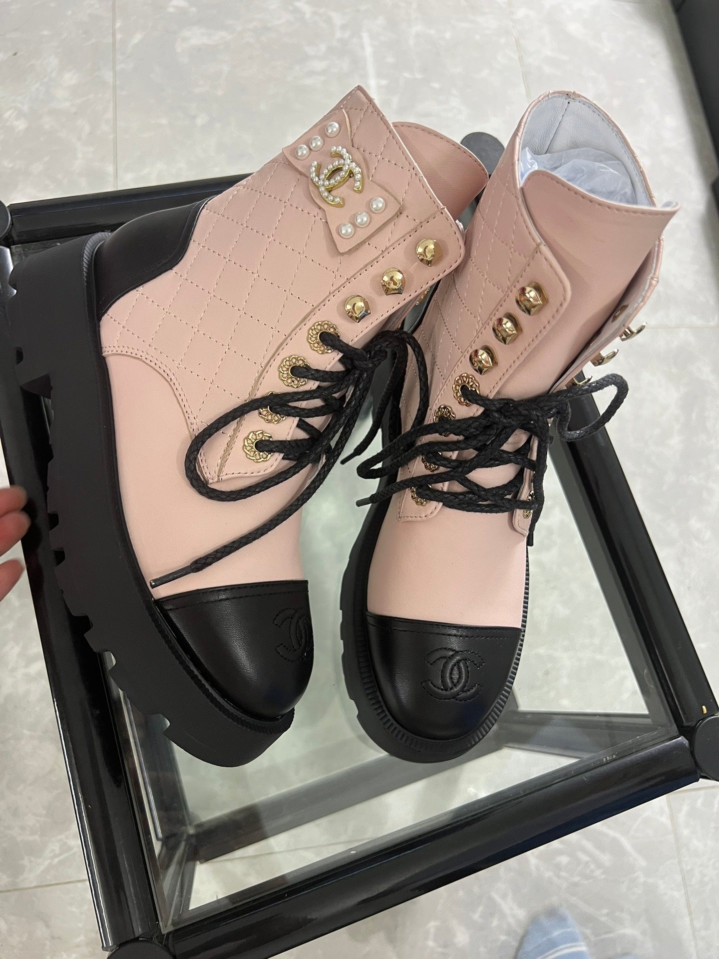 CC Combat Boots Pastel Pink Black Quilted Lambskin 944573