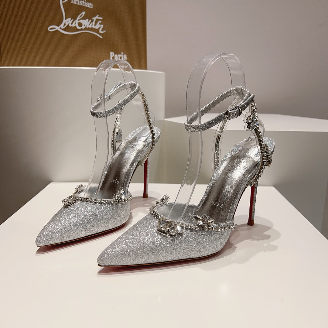 CL Marykate Queen 100MM Pumps Crystal-Embellished Glitter Silver