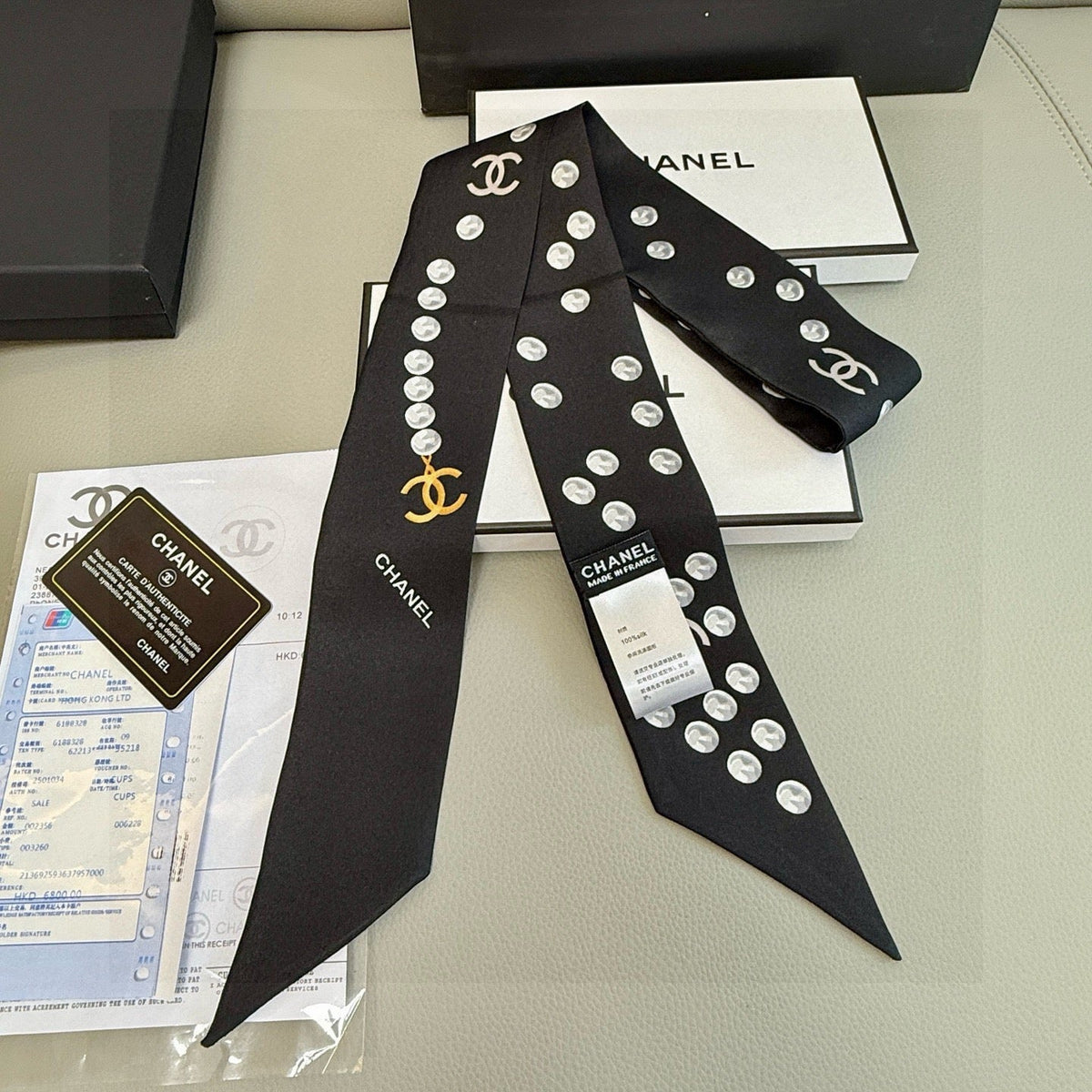 CC  Twilly Mini Scarf 120cm Black White Mulberry Silk 949113