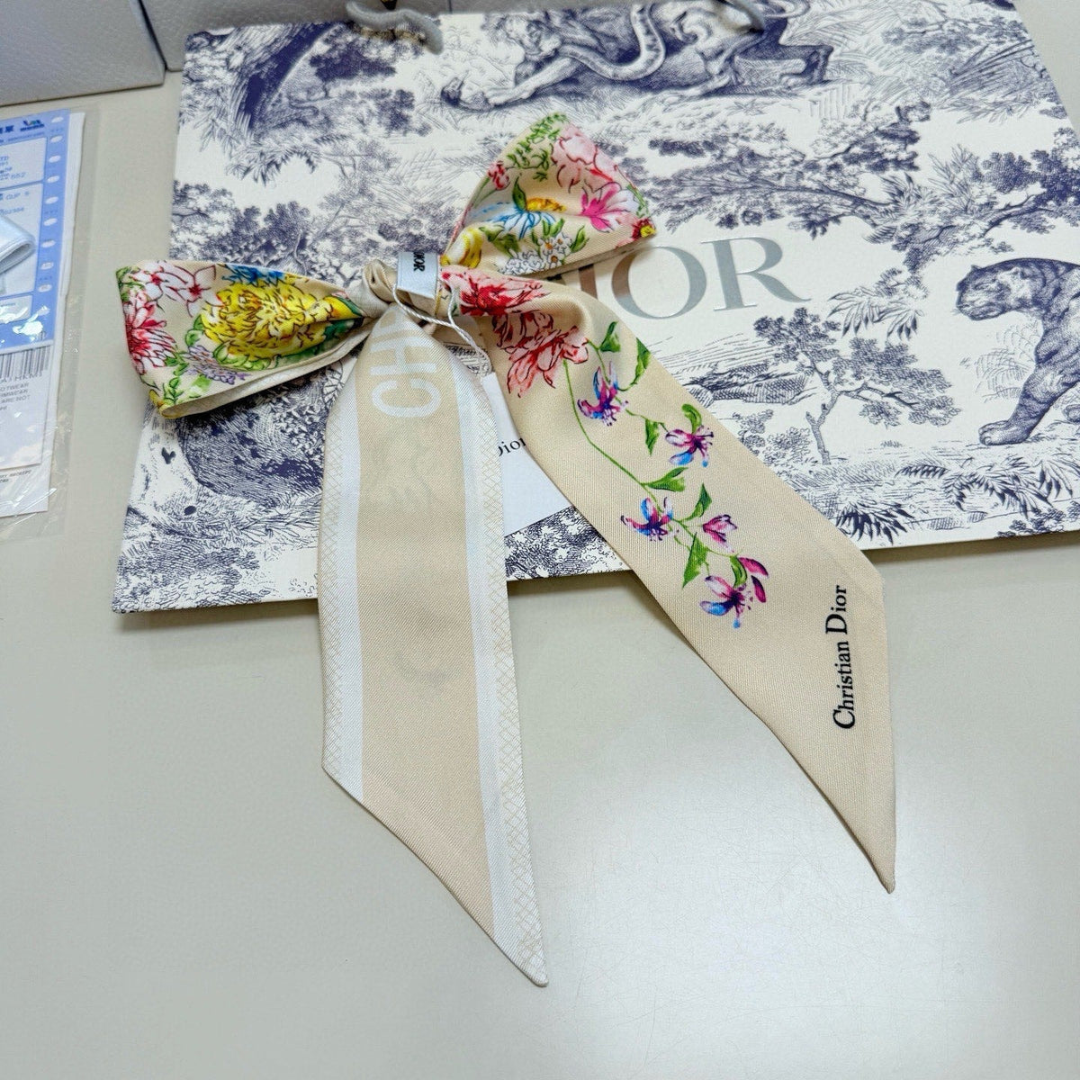 CD Twilly Mini Scarf 100cm Beige Colorful Mulberry Silk 958857