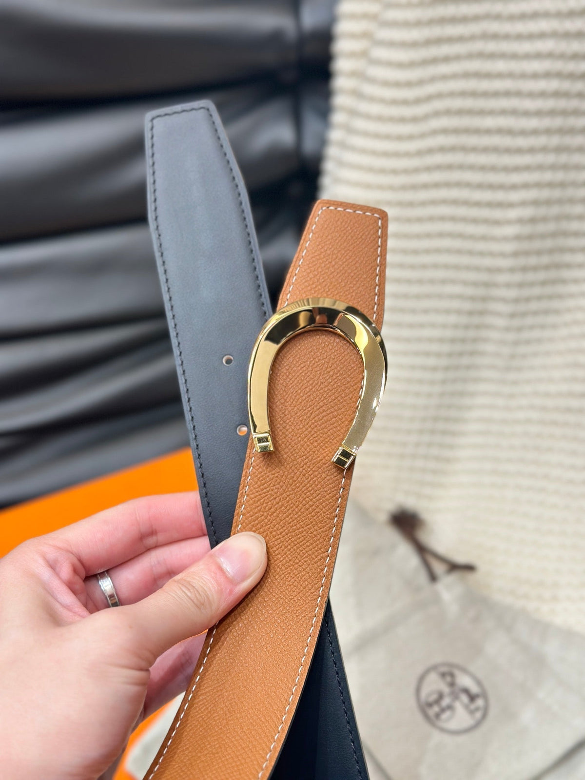 HM LUCK BELT GOLD BUCKLE & REVERSIBLE DARK ORANGE LEATHER STRAP 38MM