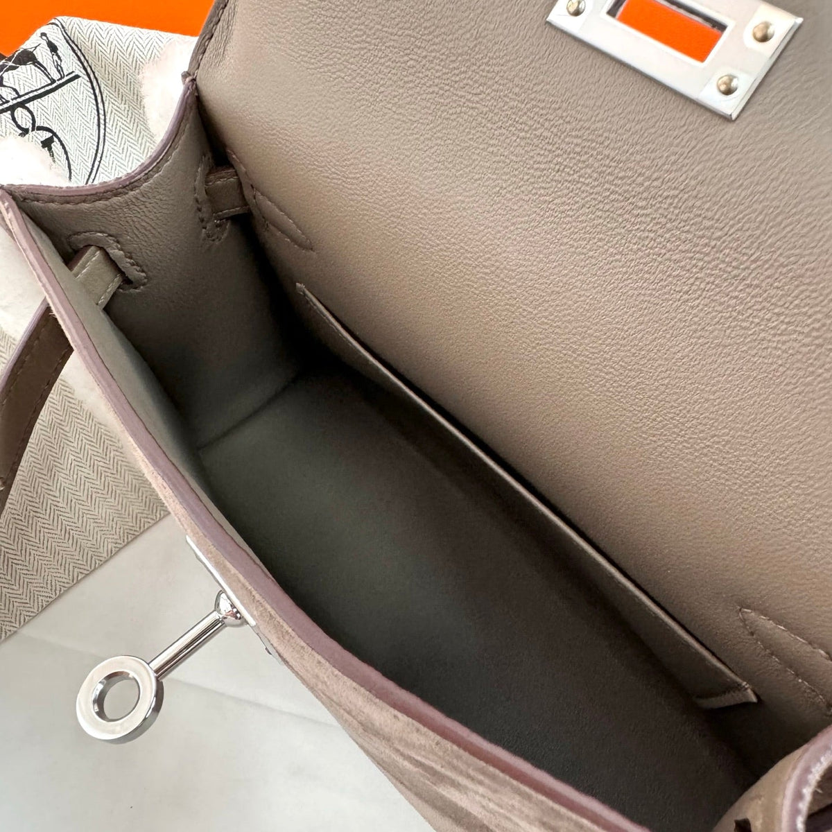 Hermes 2026 Mini Kelly Bag Etoupe Suede Wool 284469