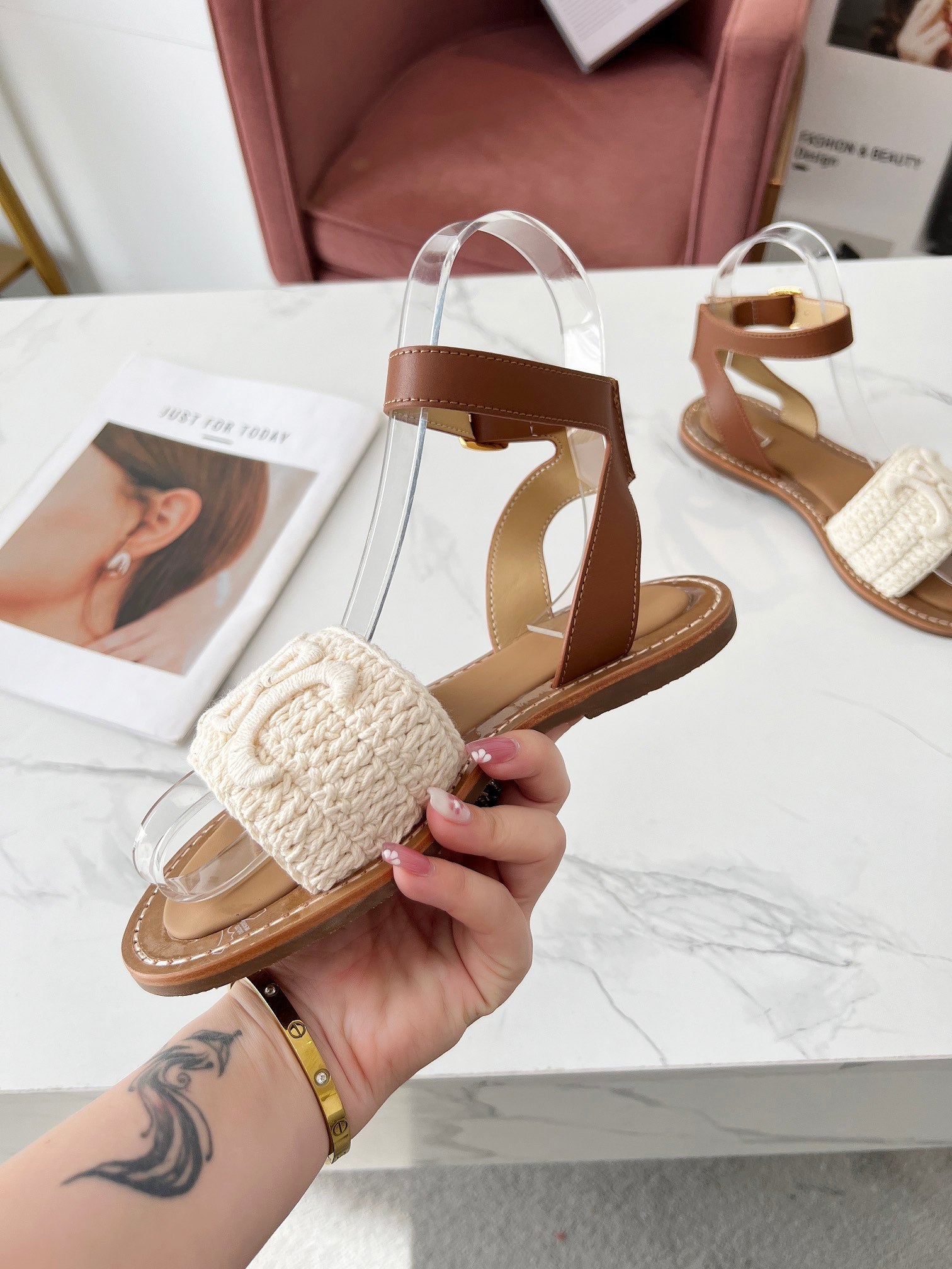 Celine 25C Lympia Sandal White Fabric with Calfskin 238175