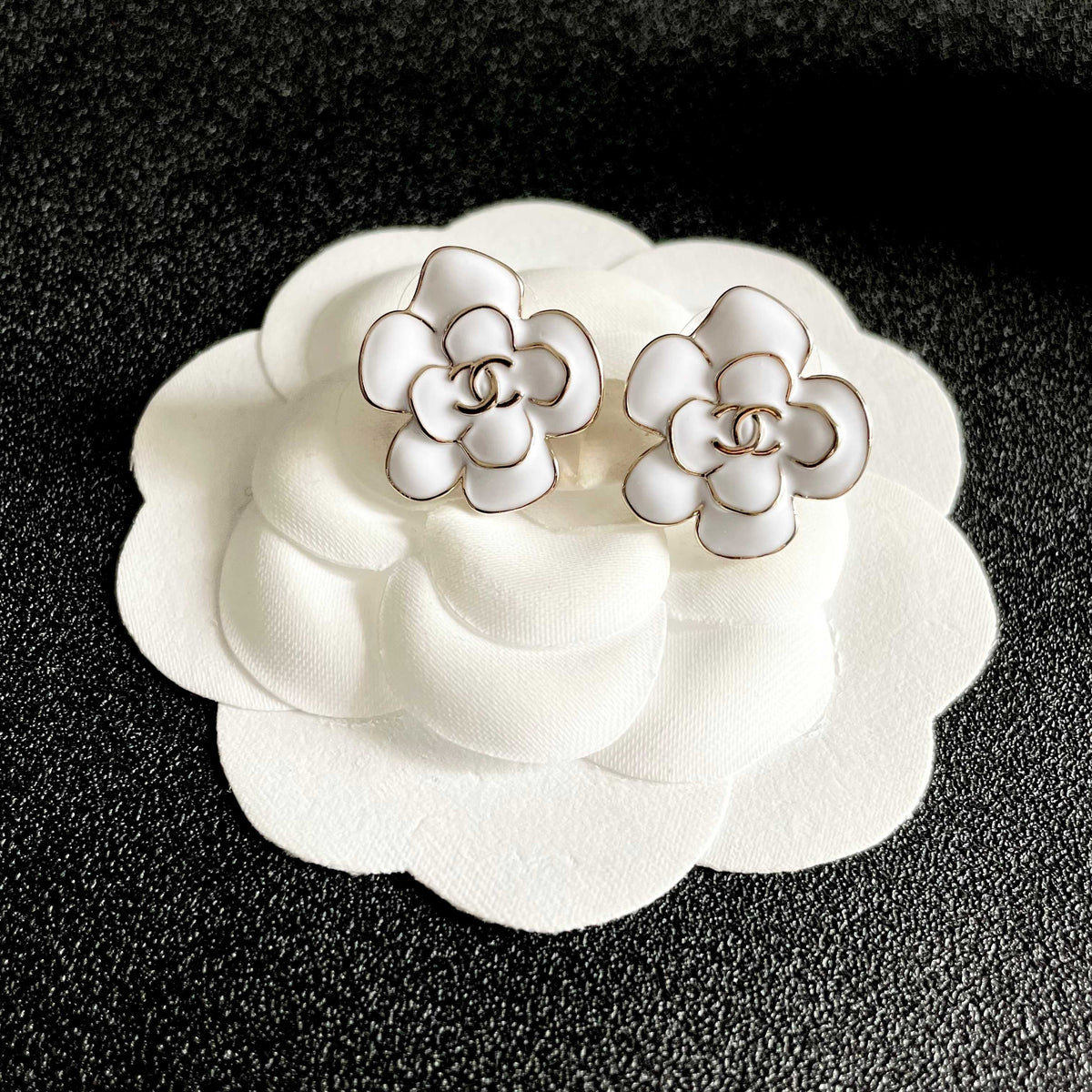 CC Camellia Double C White Gold Earrings