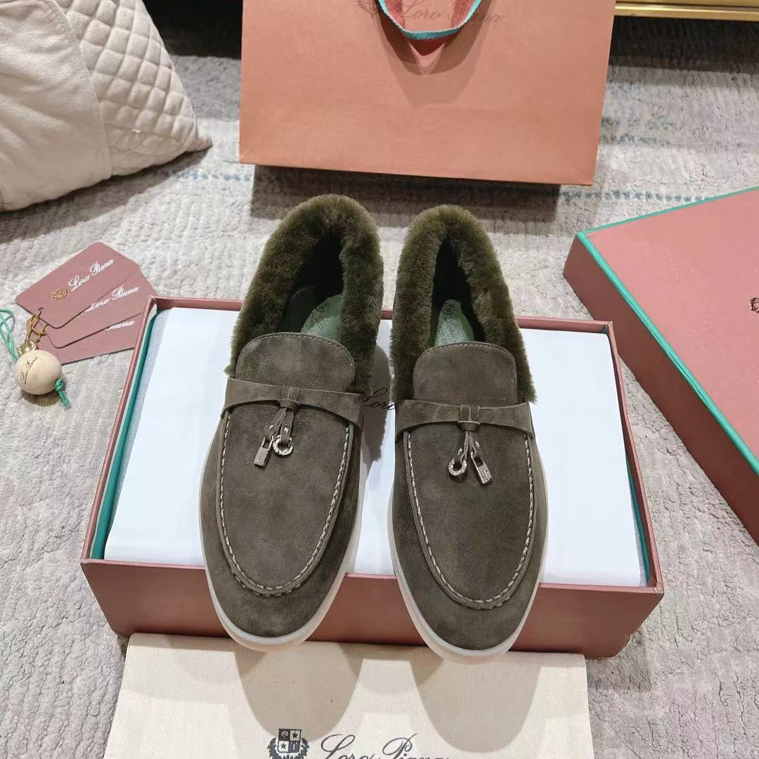 LP Summer Charms Walk Loafers Army Green Suede With Rabbit Fur Lining 206251