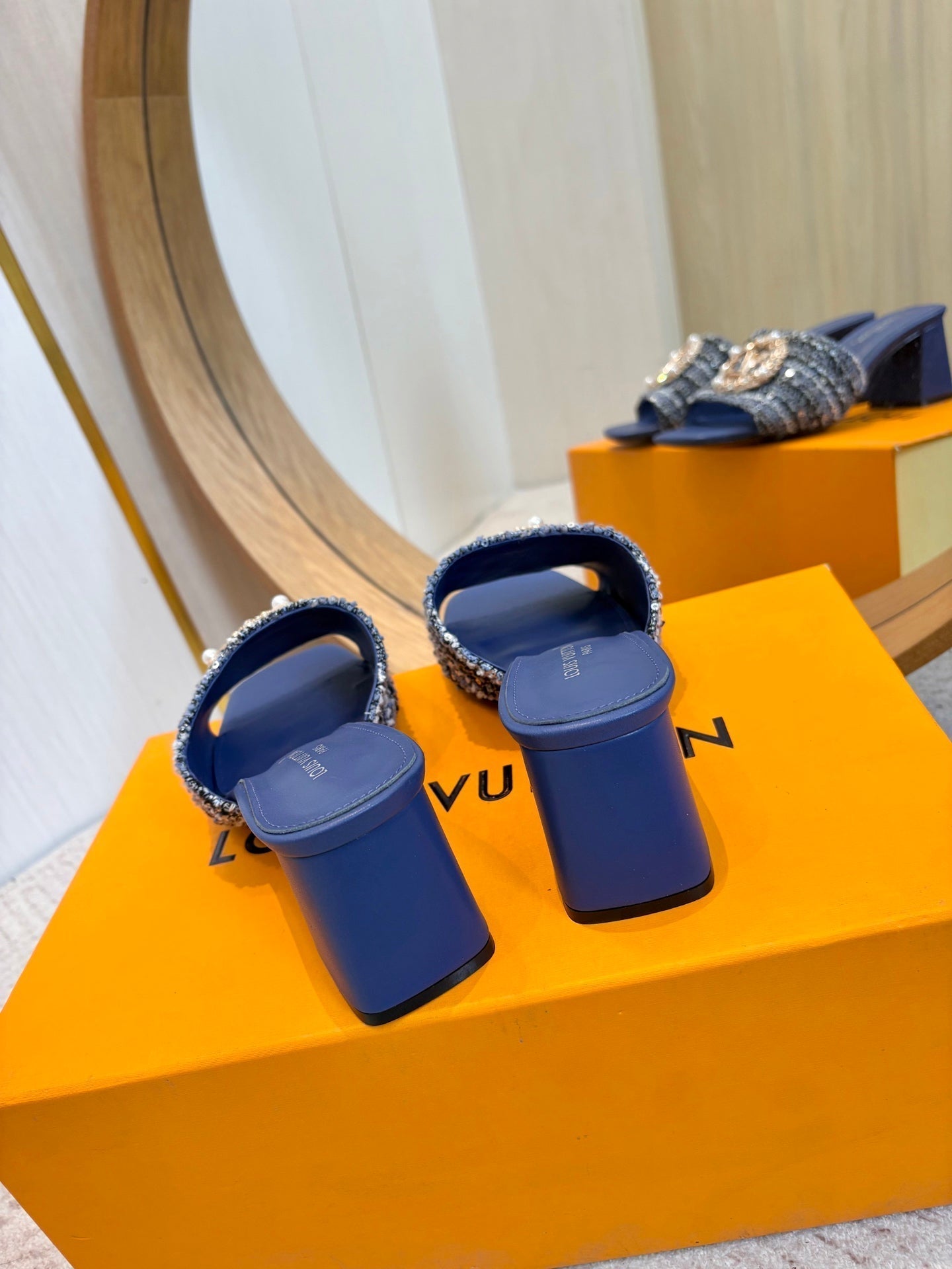 LV 26ss Heel Slippers 65 Dark Blue Tweed Goatskin 671251