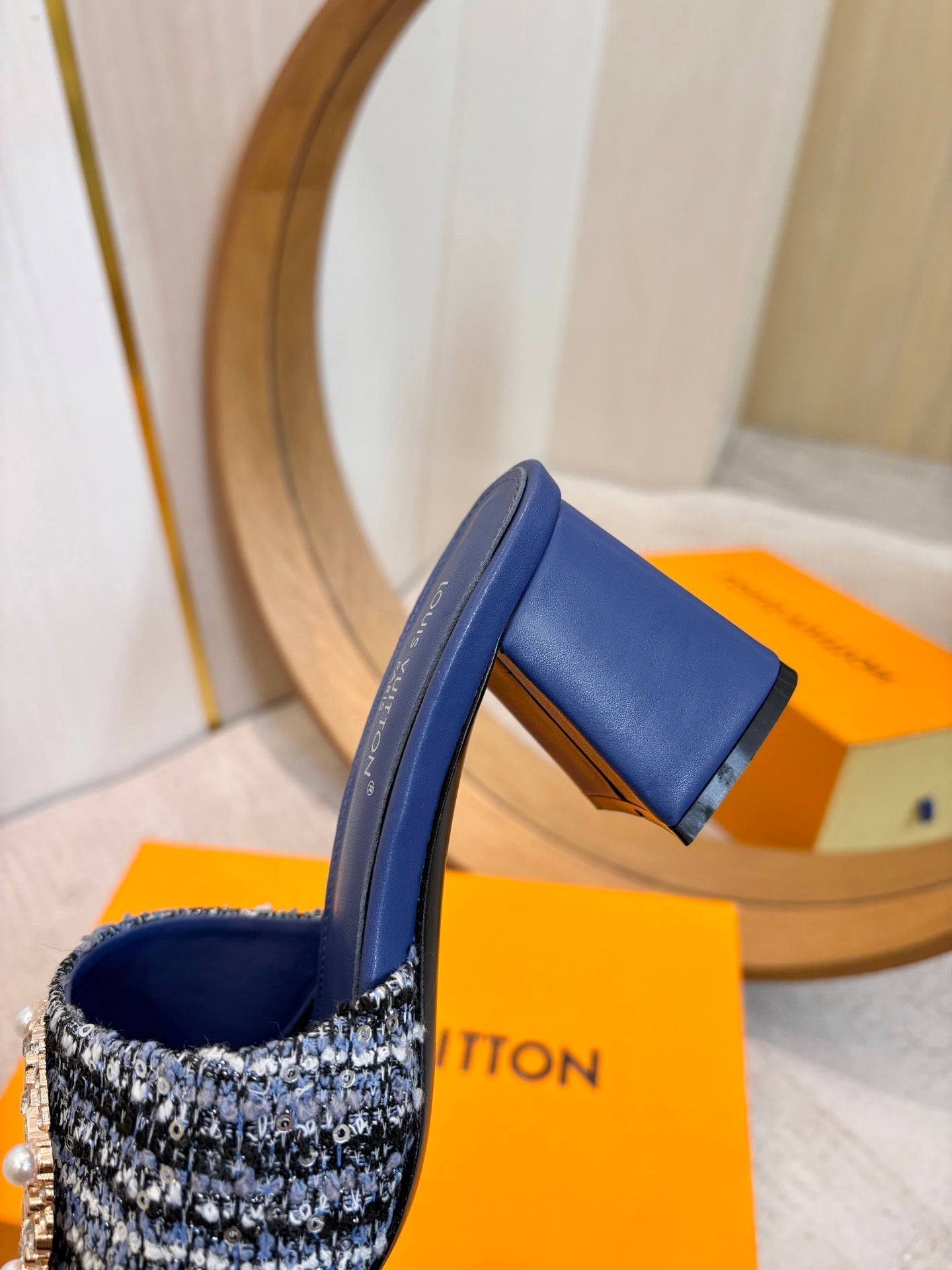 LV 26ss Heel Slippers 65 Dark Blue Tweed Goatskin 671251