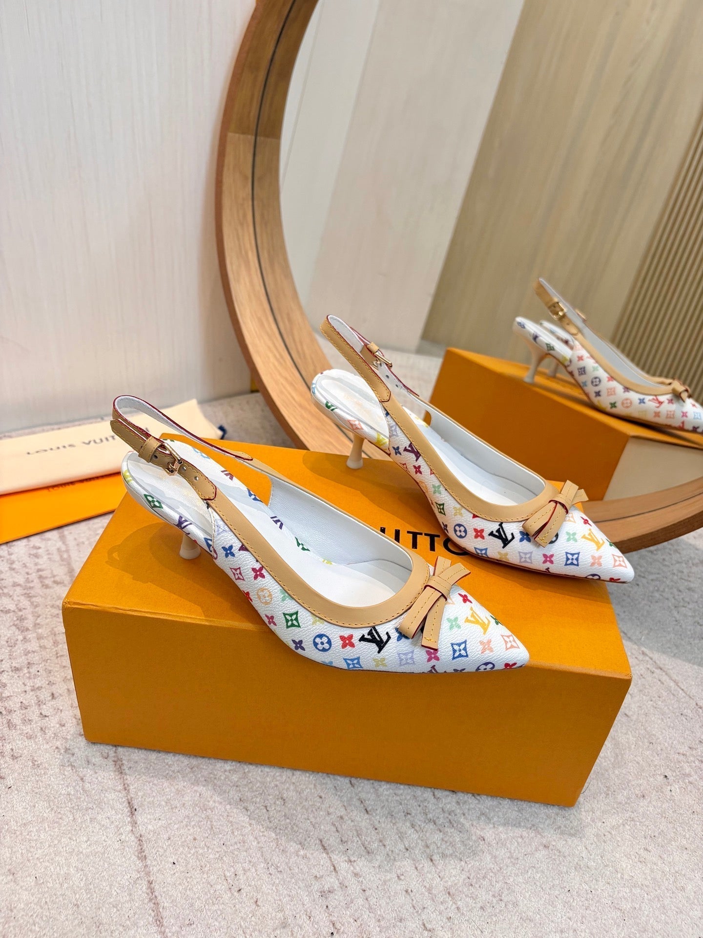 LV 26ss Slingback 65 White Multicolor Monogram Cowhide  671235
