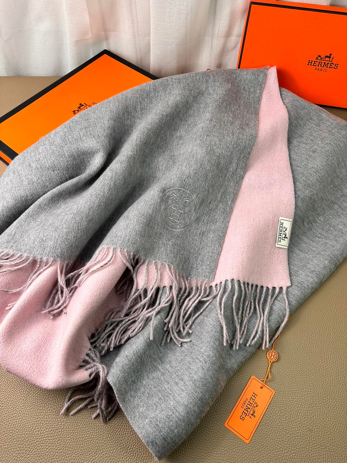 DOUBLE-FACE SCARF 200 CM IN LIGHT PINK AND GREY CASHMERE