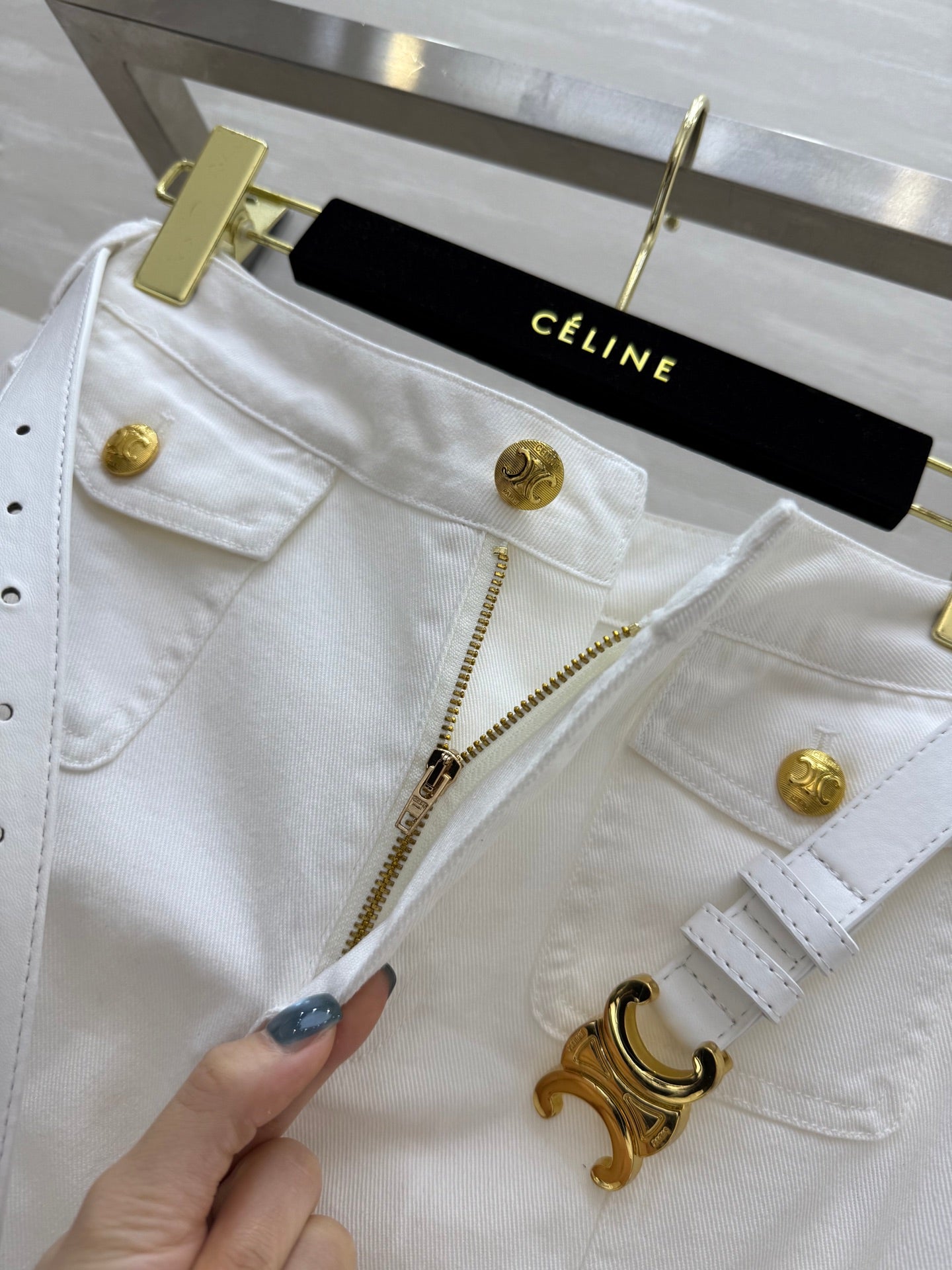 Celine 25 Denim Skirt with Logo Belt White Cotton
