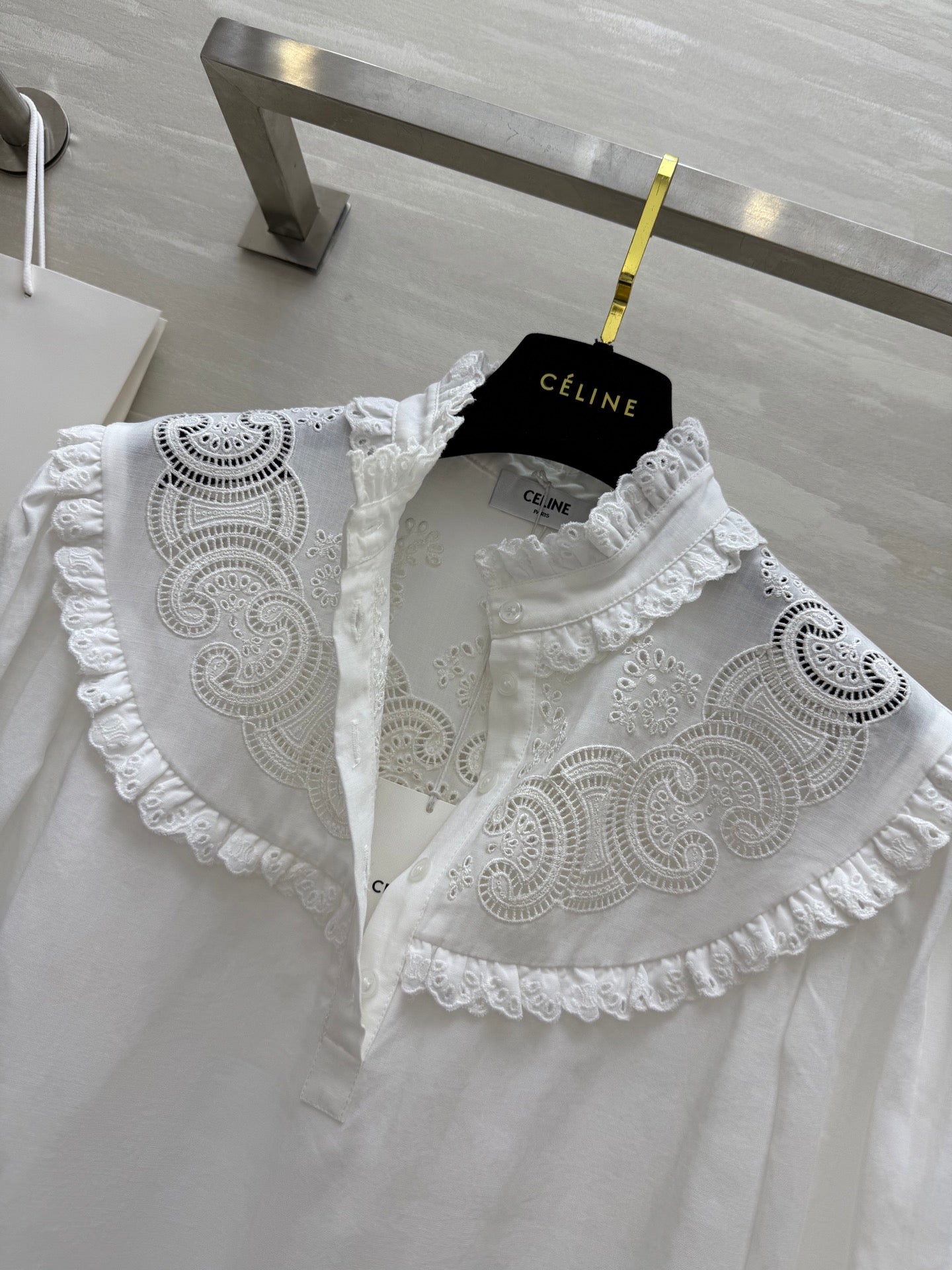 Celine 25 Long sleeve embroidered shirt dress White Cotton