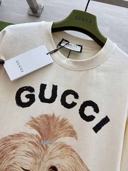 Gucci 25 Puppy Short-sleeved T-shirt Beige Brown Cotton