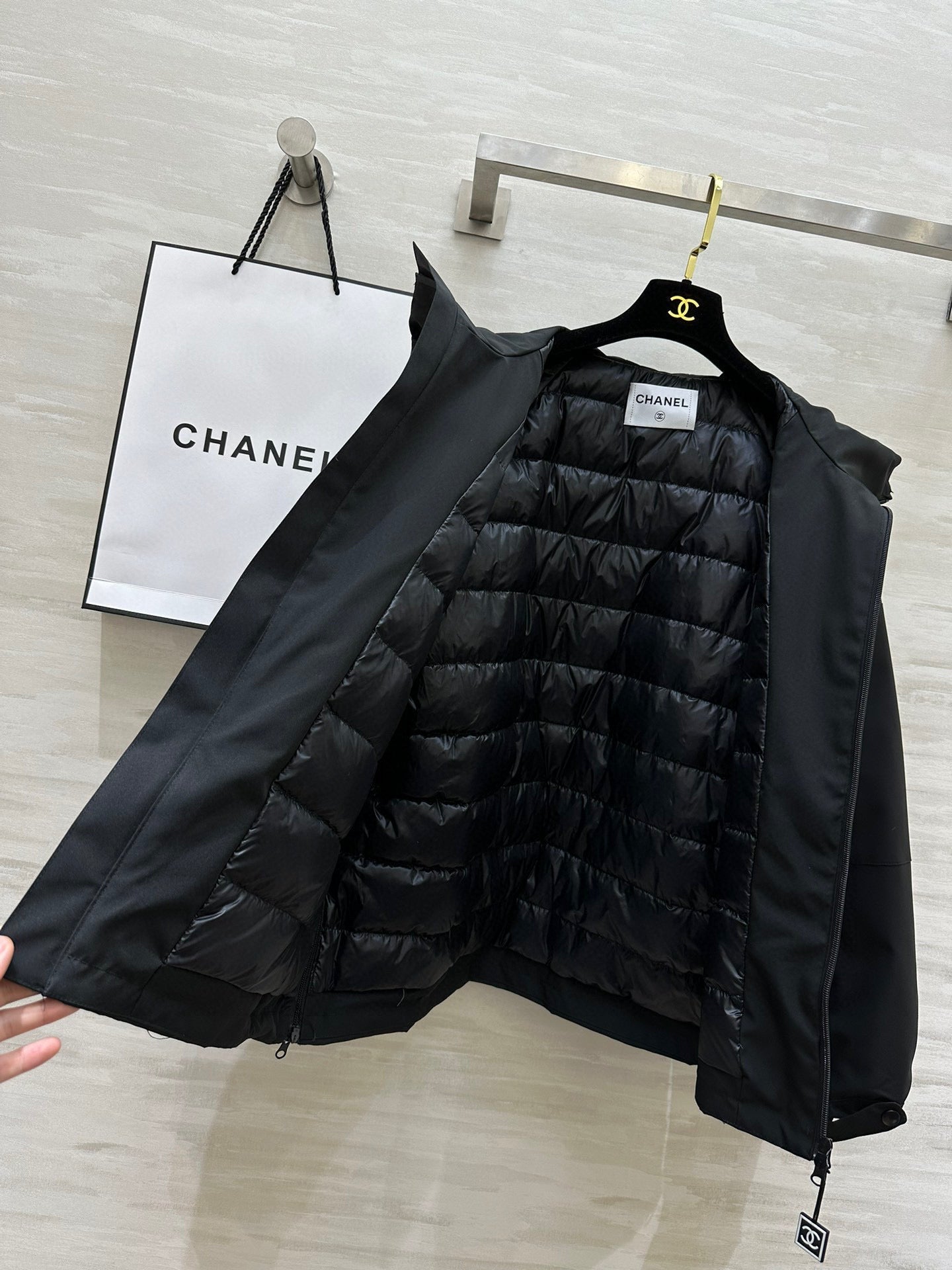 Chanel 25 Hooded Windbreaker Jacket Black Down Cotton 312195
