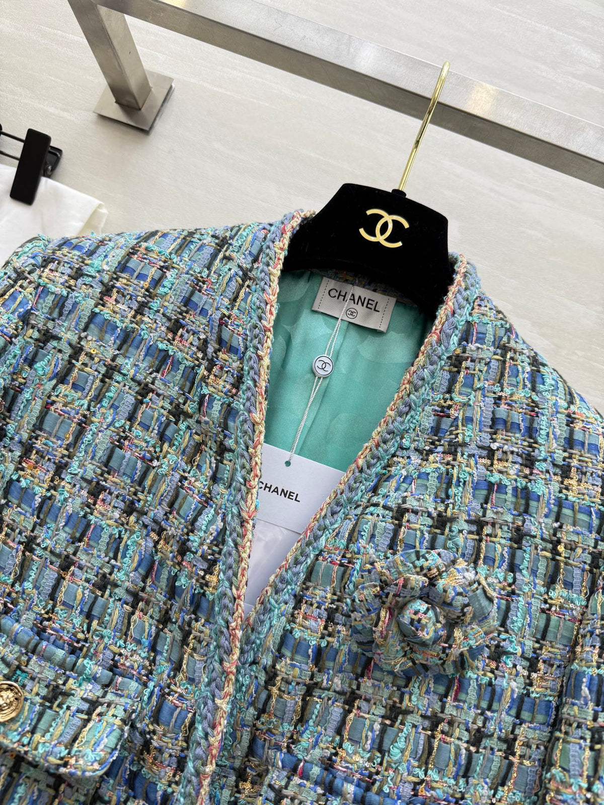 Chanel 2025 V-Neck Coat Blue Green Wool Tweed Fabric 319506