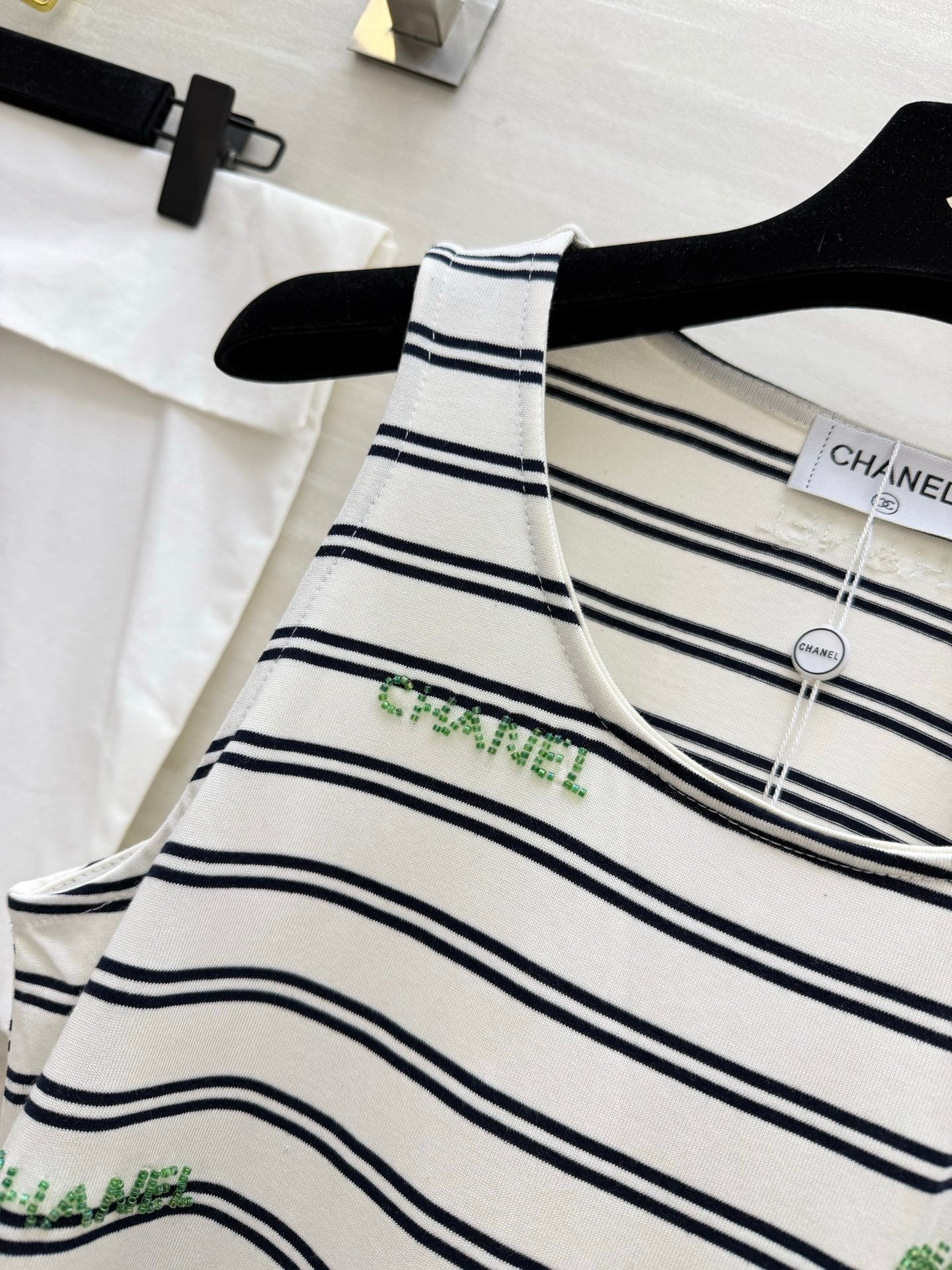 Chanel 2026 Striped Embroidered Vest White Black Cotton 213363