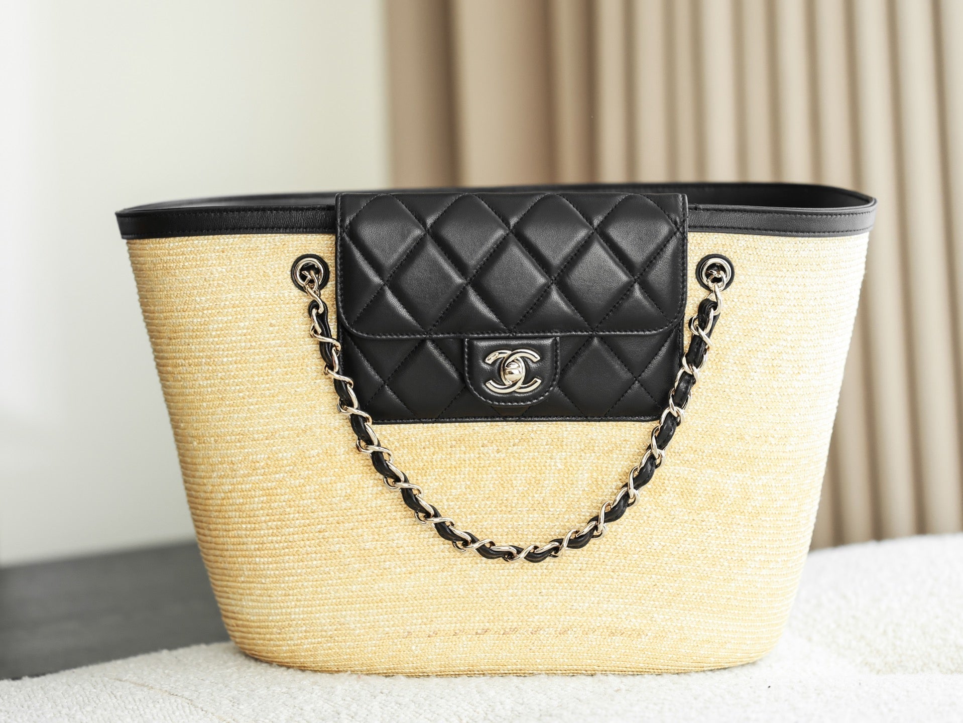 Chanel 2026 Shopping Bag 53cm Beige Black Straw Lambskin 351018