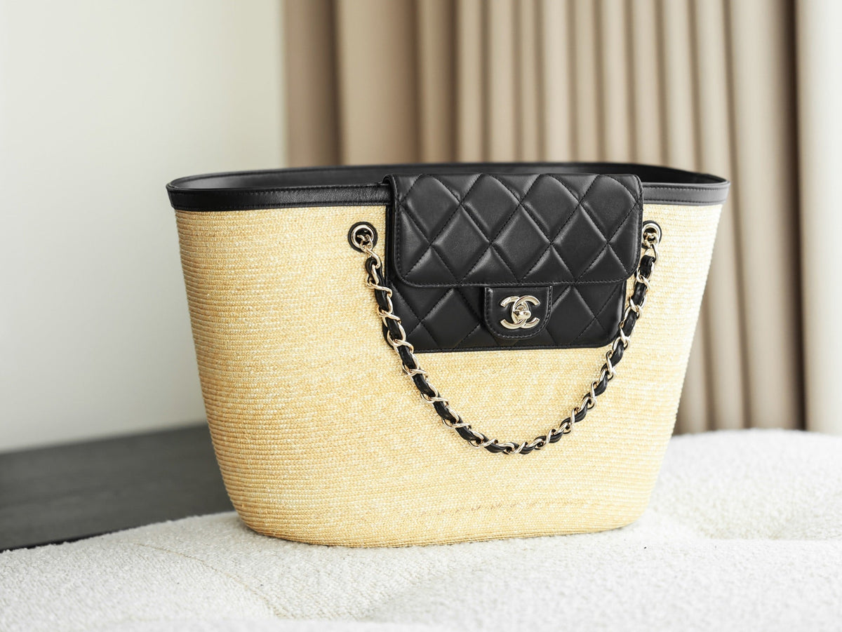 Chanel 2026 Shopping Bag 53cm Beige Black Straw Lambskin 351018
