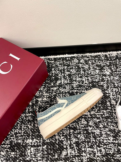 GG 26 Platform Loafers Light Blue White Monogram Denim 632827