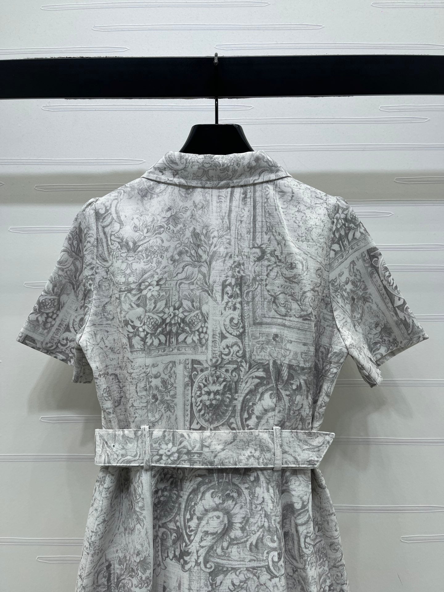 Dior 2026 Collared Print Denim Short-Sleeve Dress White Grey Polyester