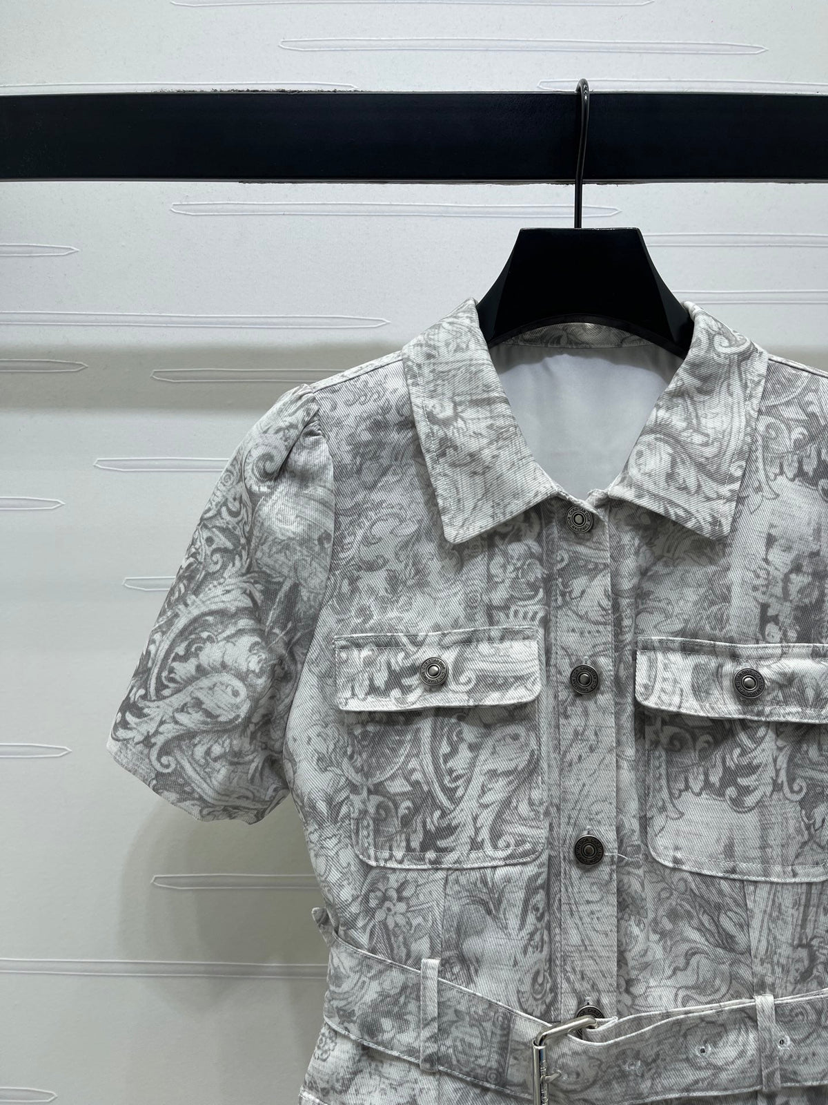 Dior 2026 Collared Print Denim Short-Sleeve Dress White Grey Polyester