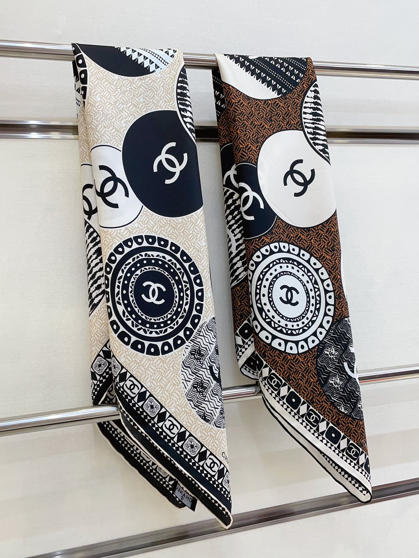 CC Square Scarf 90 CM In Brown Multi-Pattern Silk Twill 231846