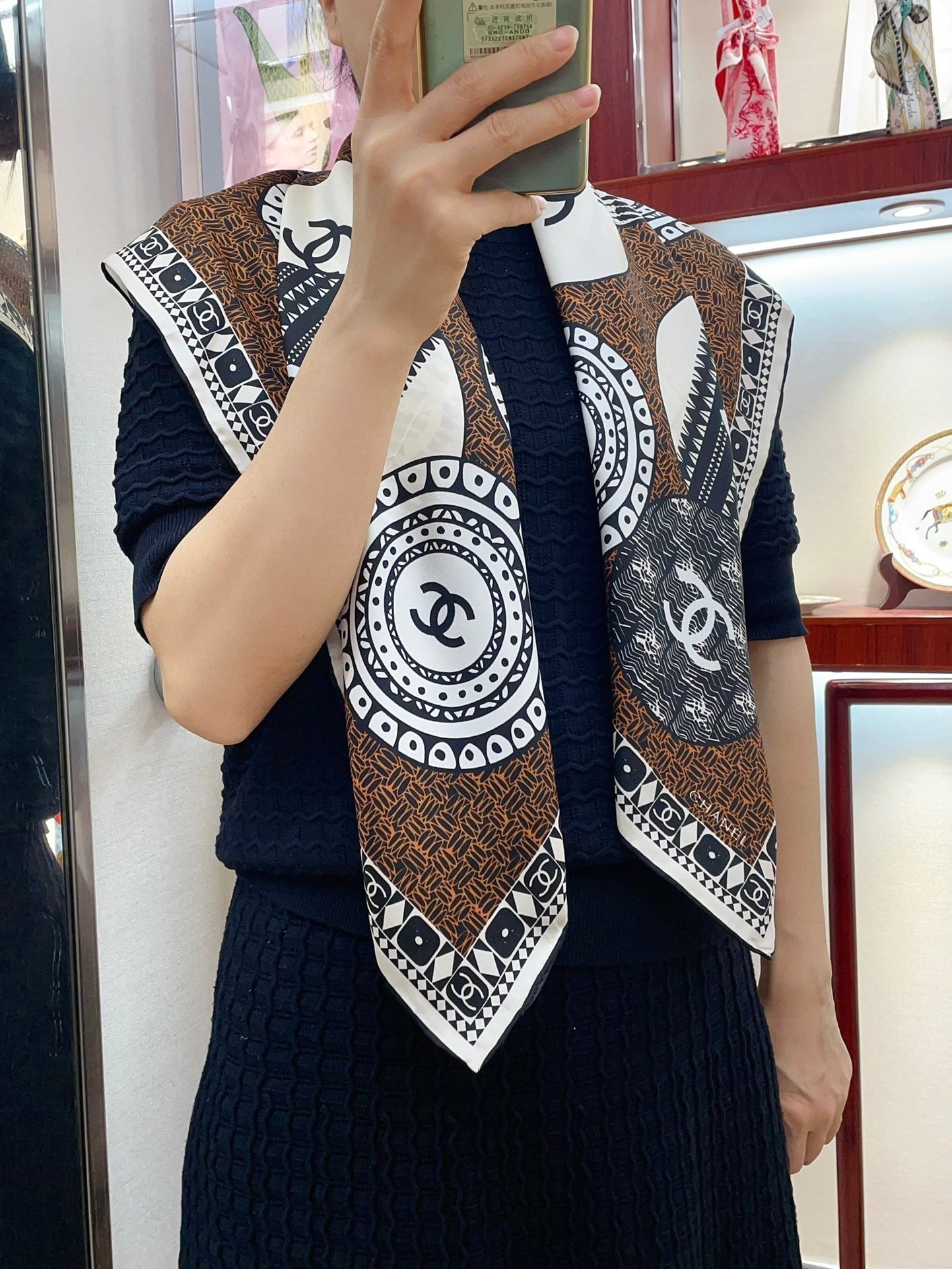 CC Square Scarf 90 CM In Brown Multi-Pattern Silk Twill 231846