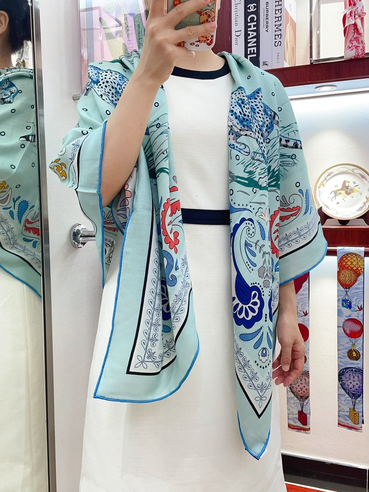 Guepards Bandana Double Face Scarf 140 CM In Light Turquoise Colorful Cashmere And Silk 334191