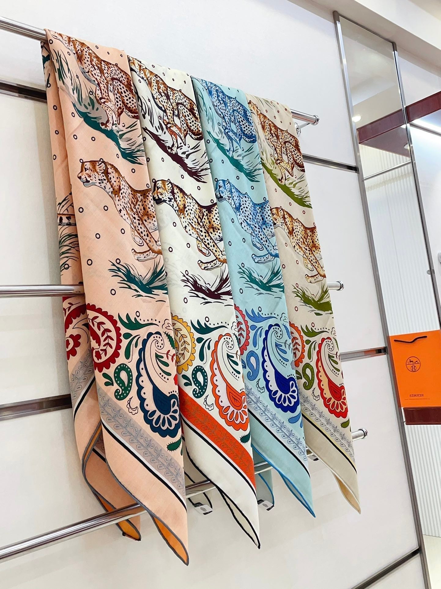 Guepards Bandana Double Face Scarf 140 CM In Light Turquoise Colorful Cashmere And Silk 334191