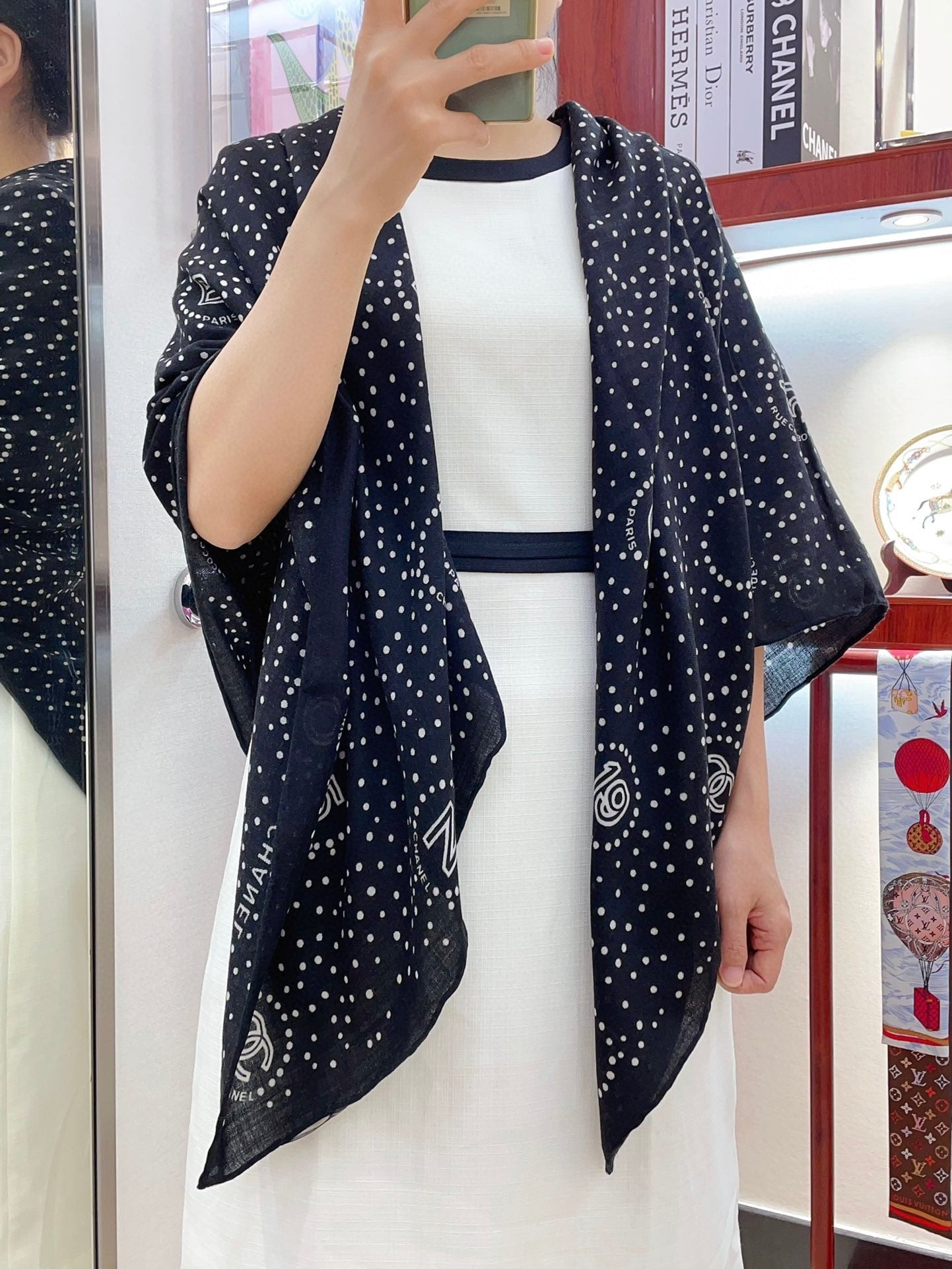 CC Square Scarf 140 CM In Black White Polka Dot Cashmere Silk 337147