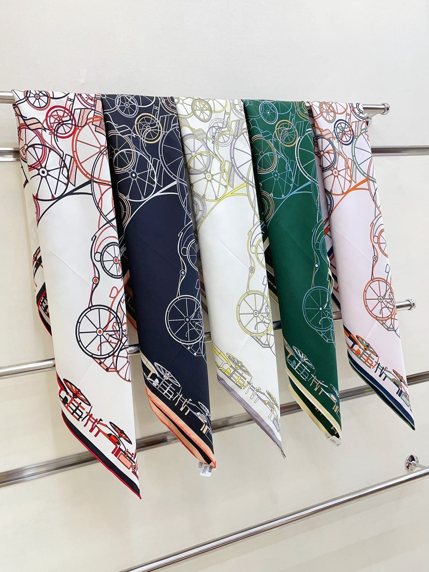 Complication Equestre Scarf 90 CM In White Orange Coloful Silk Twill 345897