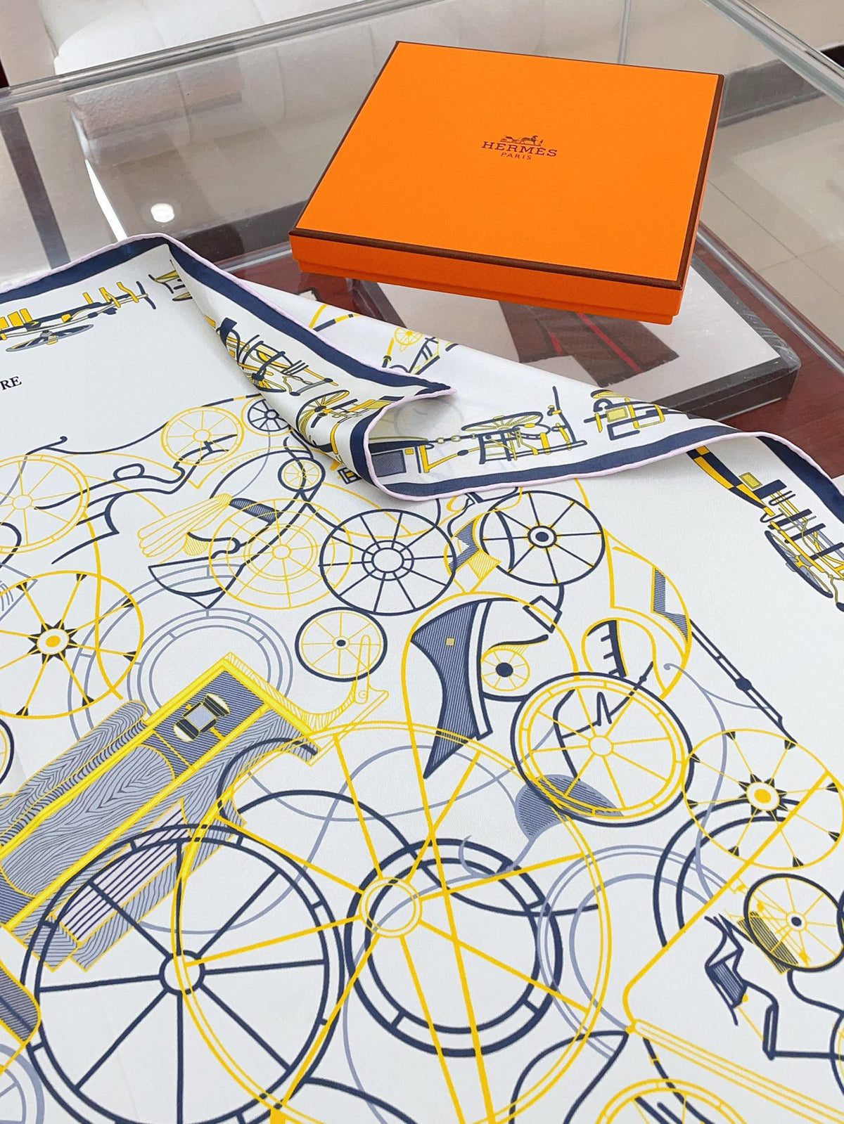 Complication Equestre Scarf 90 CM In White Yellow Coloful Silk Twill  345898