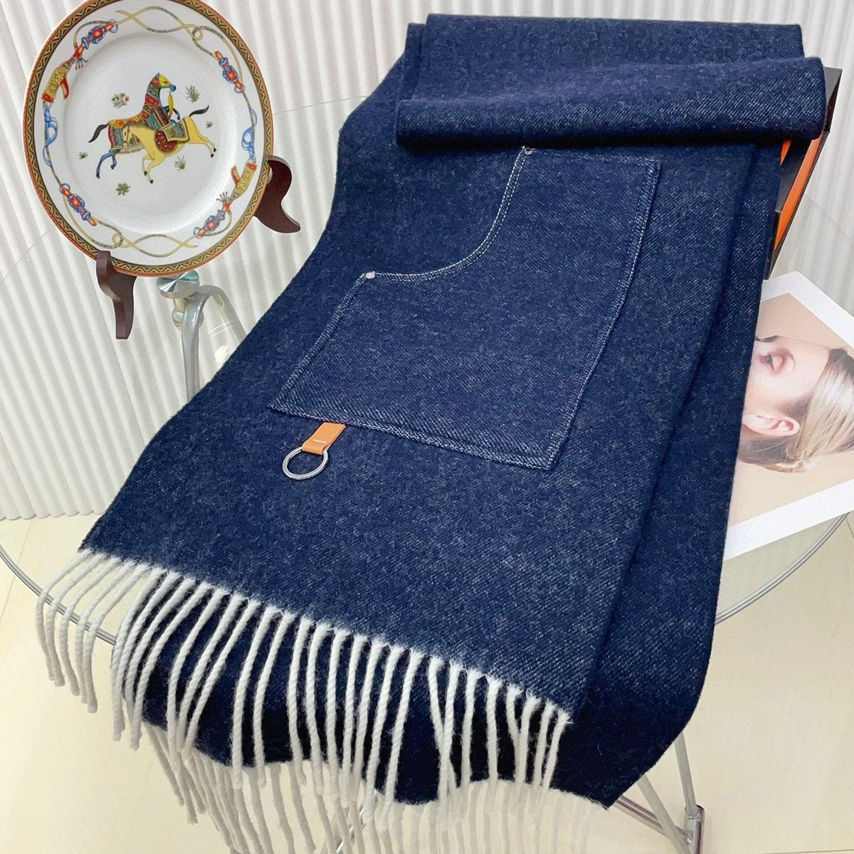 Cargo muffler Scarf 190 CM Navy Blue Wool 375381