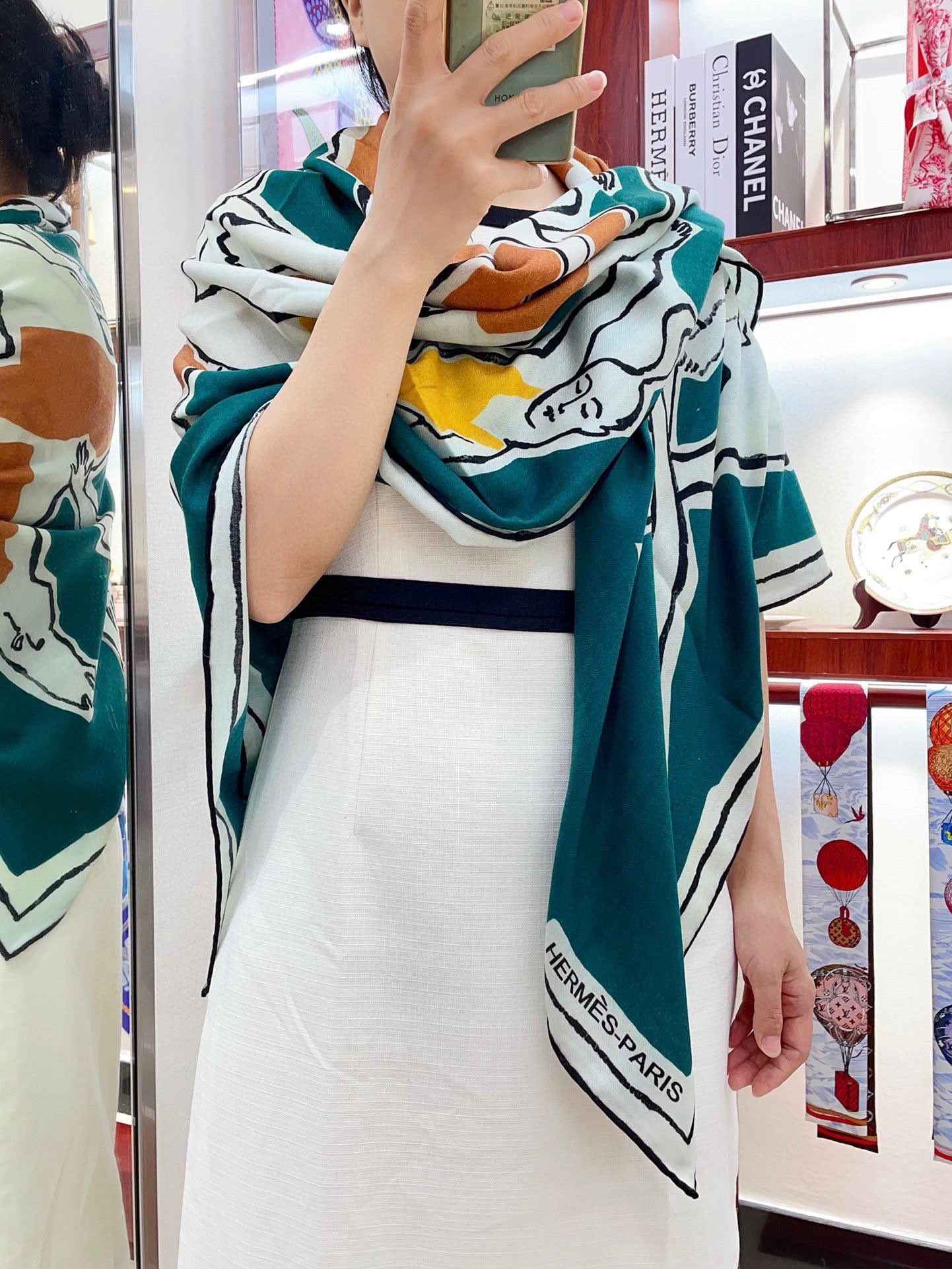Choregraphie Equestre Pareo Scarf 140 CM Teal Blue Colorful Cashmere And Silk 393171