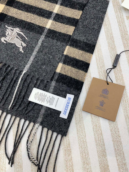 CLASSIC WOOL CHECK SCARF 180 CM DARK GRAY MIX CAMEL BROWN 402098