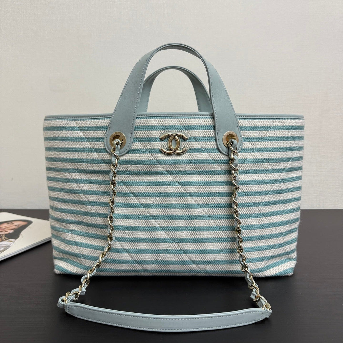 Chanel 26 Woven Beach Bag 46 White Light Blue Canvas Leather