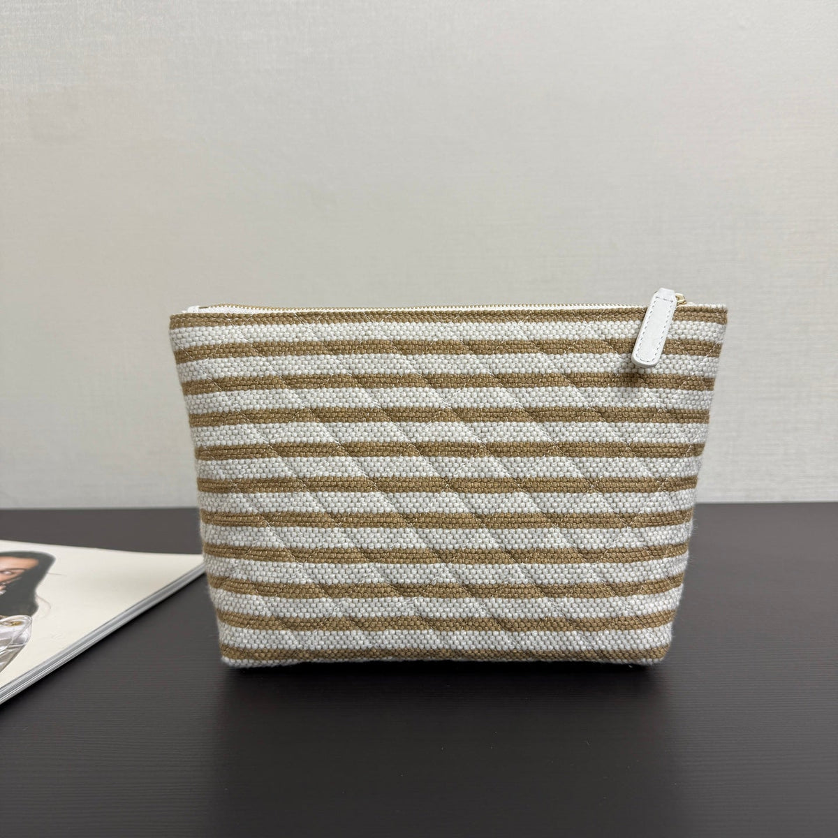 Chanel 26 Woven Clutch 19 White Khaki Canvas